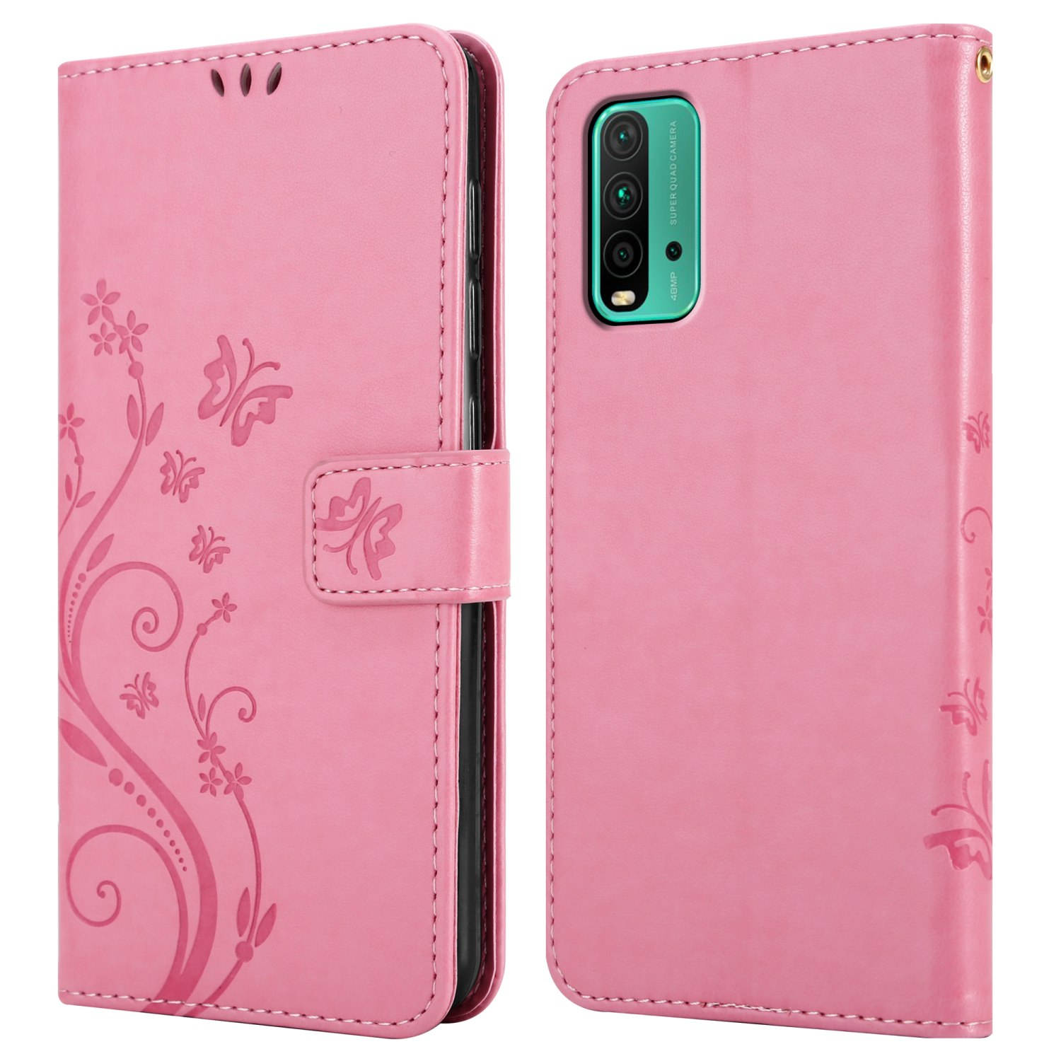 Custodia per telefono rosa, aperta. Il telefono è nella parte destra. Design floreale a sinistra.