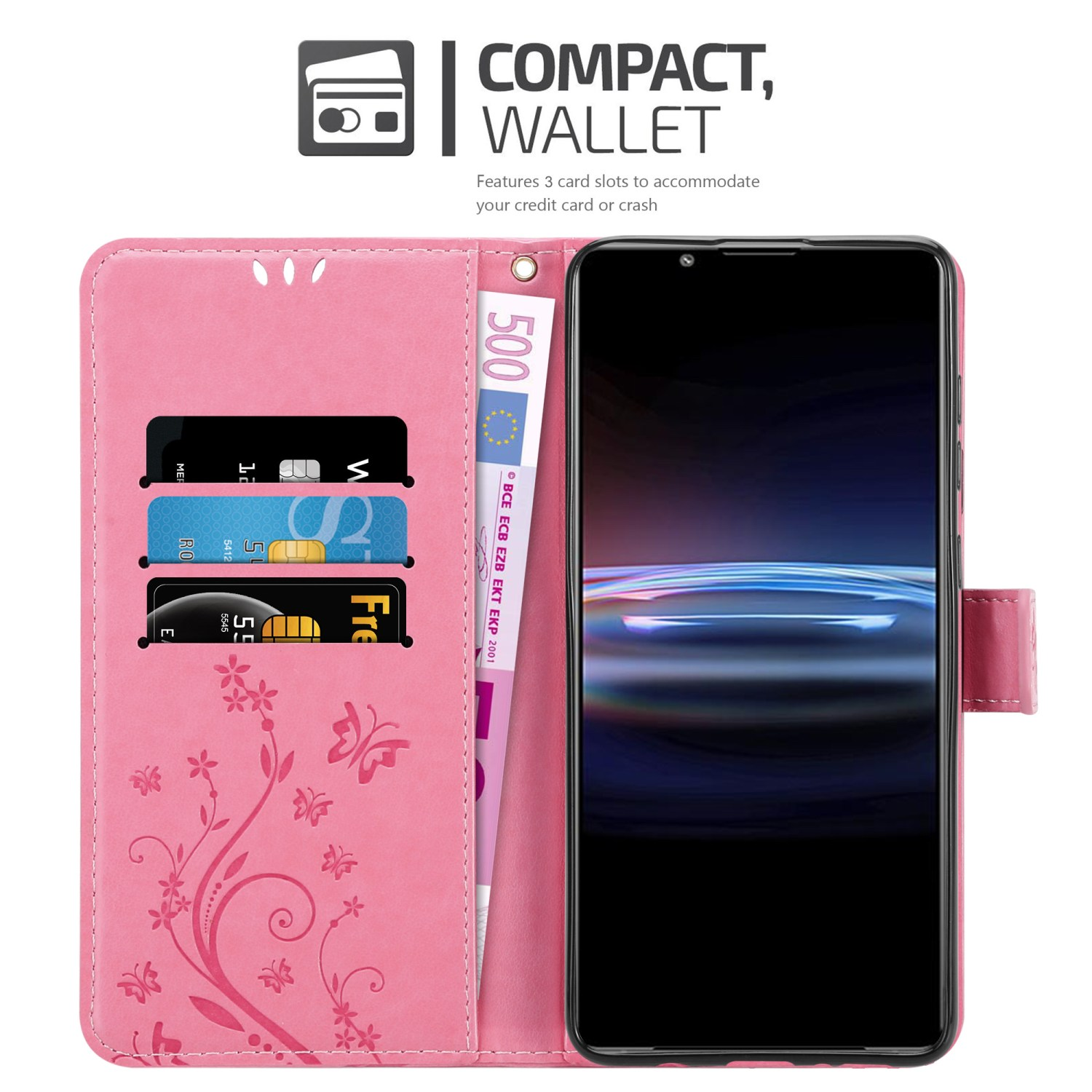Una custodia per telefono rosa aperta con fessure per carte e una fessura per soldi. C'è un telefono dentro.