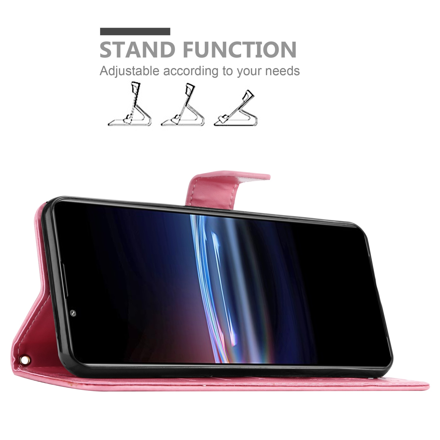 Telefono in custodia rosa su tavolo. La custodia è regolabile per la funzione stand.