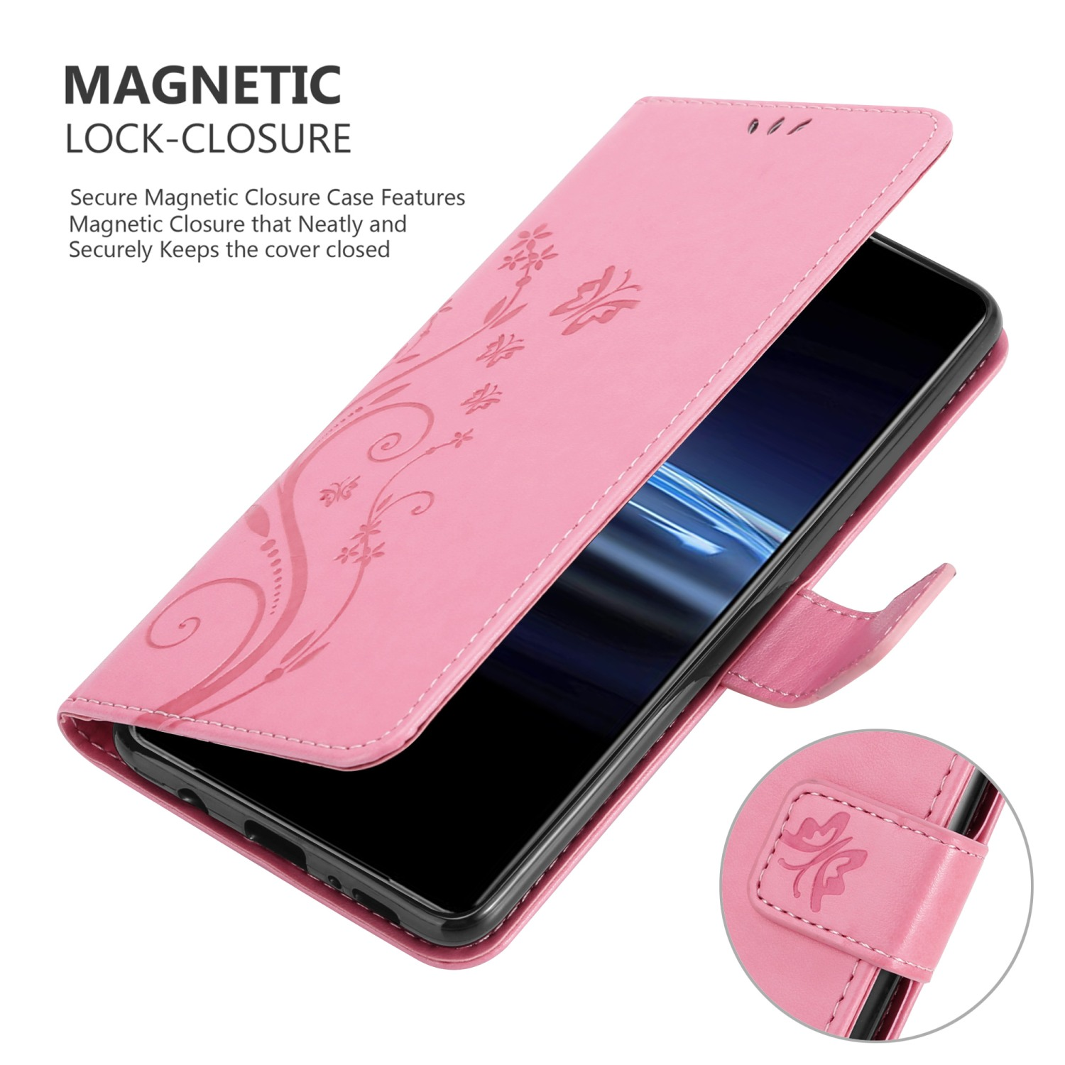 Custodia per telefono rosa con un design floreale. La custodia è aperta, rivelando il telefono. Chiusura magnetica.