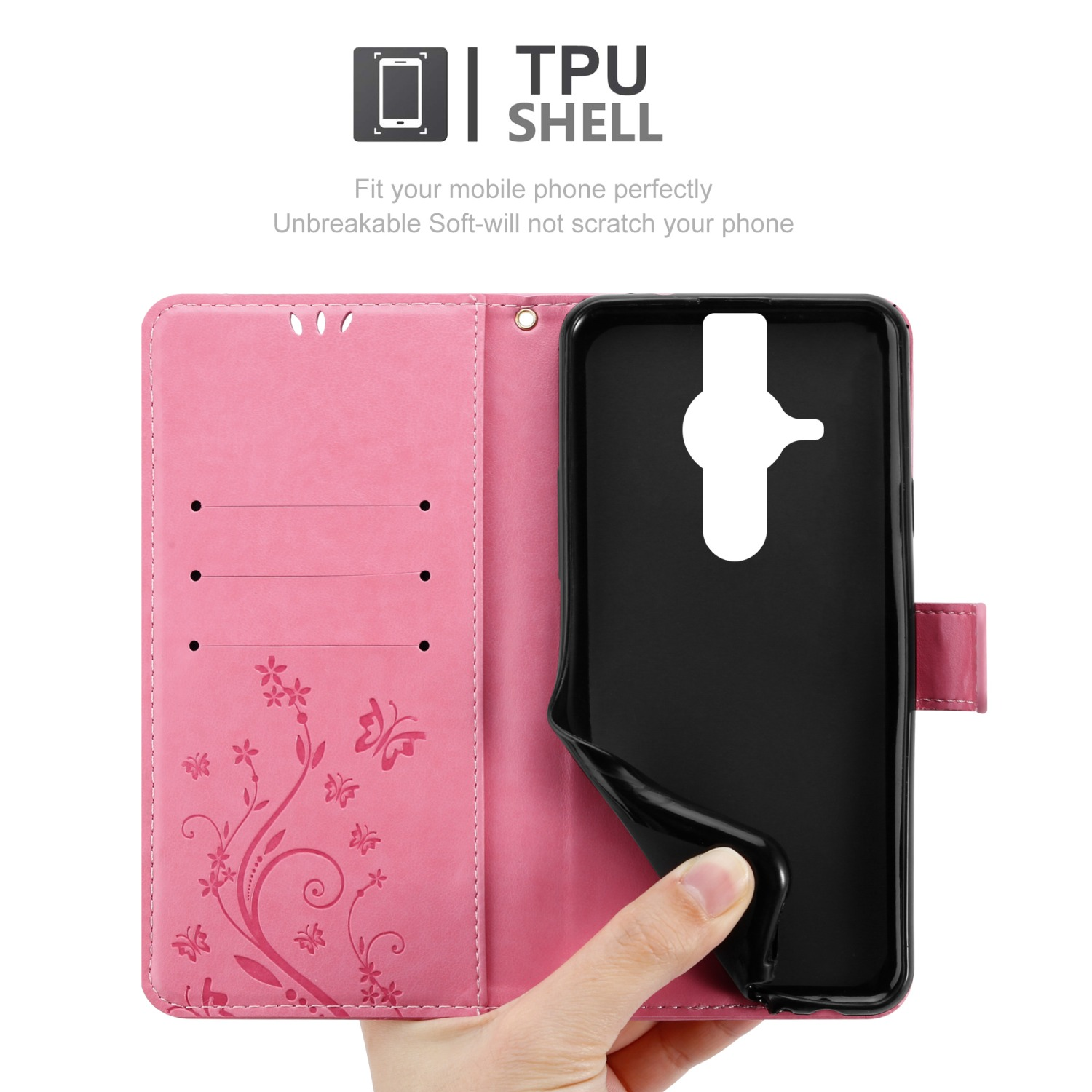 Custodia rosa per telefono aperta, rivela supporto nero per telefono. Include fessure per carte e design floreale.