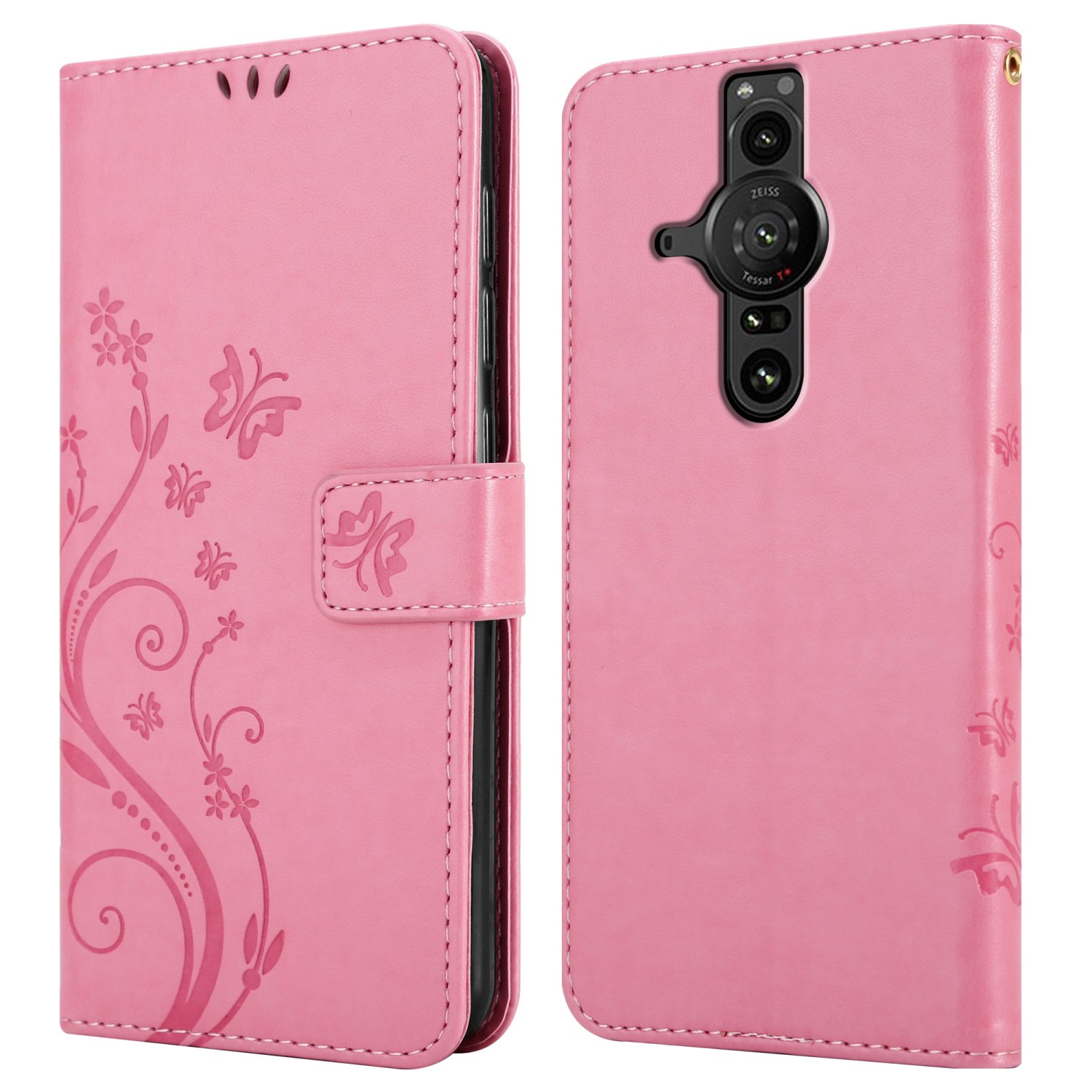Custodia per telefono rosa, aperta, con un design floreale. Lo schermo del telefono è visibile all'interno.