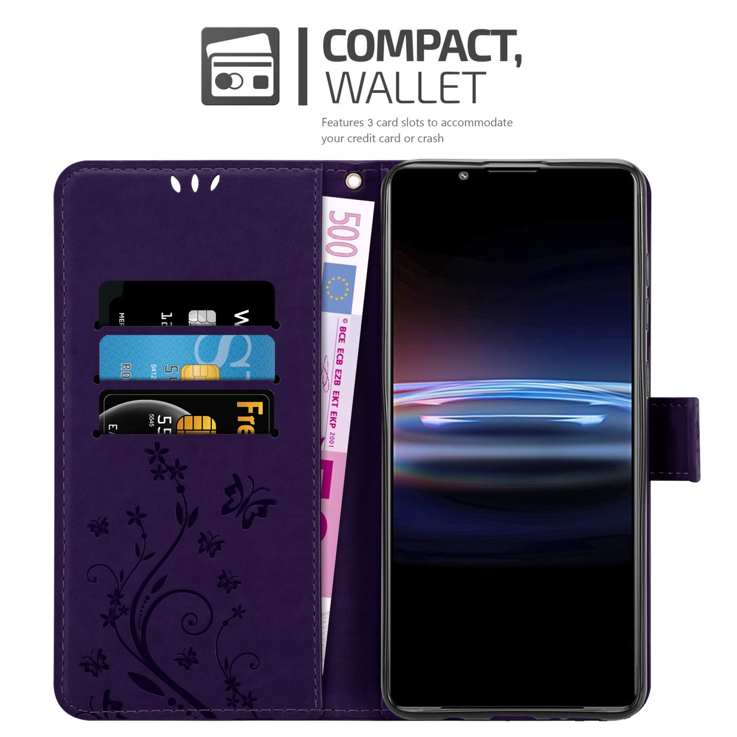 Custodia a portafoglio viola aperta, rivelando carte, denaro e telefono con schermo nero.