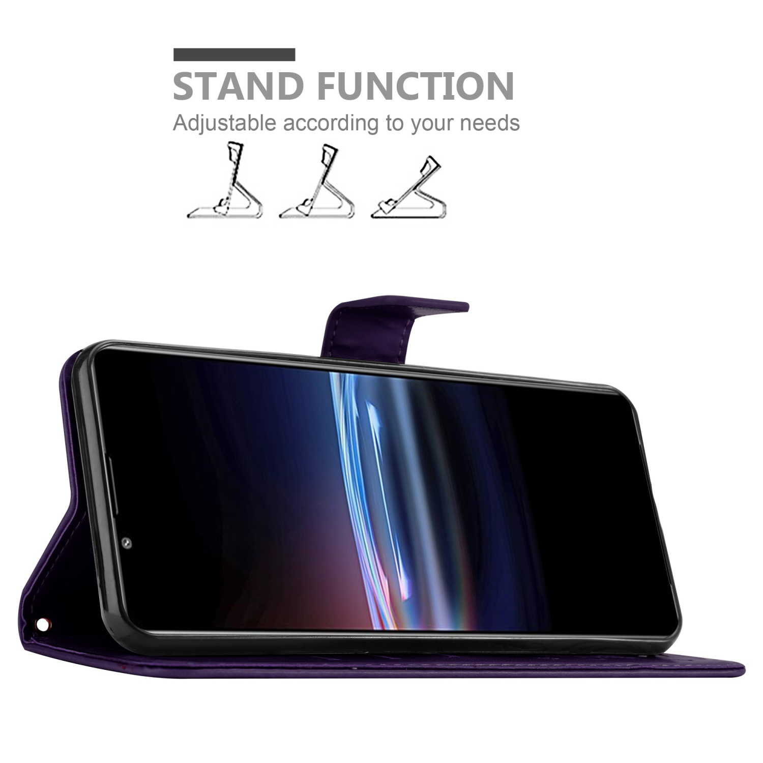 Custodia per telefono viola con telefono all'interno, funzione stand mostrata. Schermo nero.
