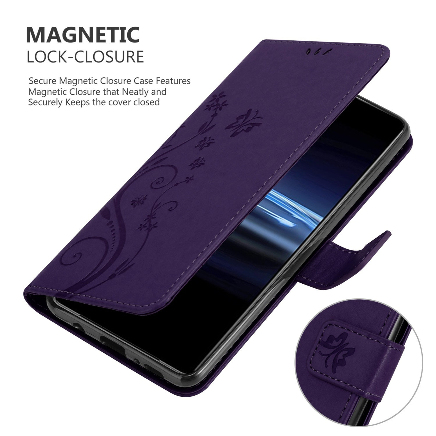 Custodia per telefono viola, aperta, che mostra il telefono con un design floreale. Chiusura magnetica mostrata.