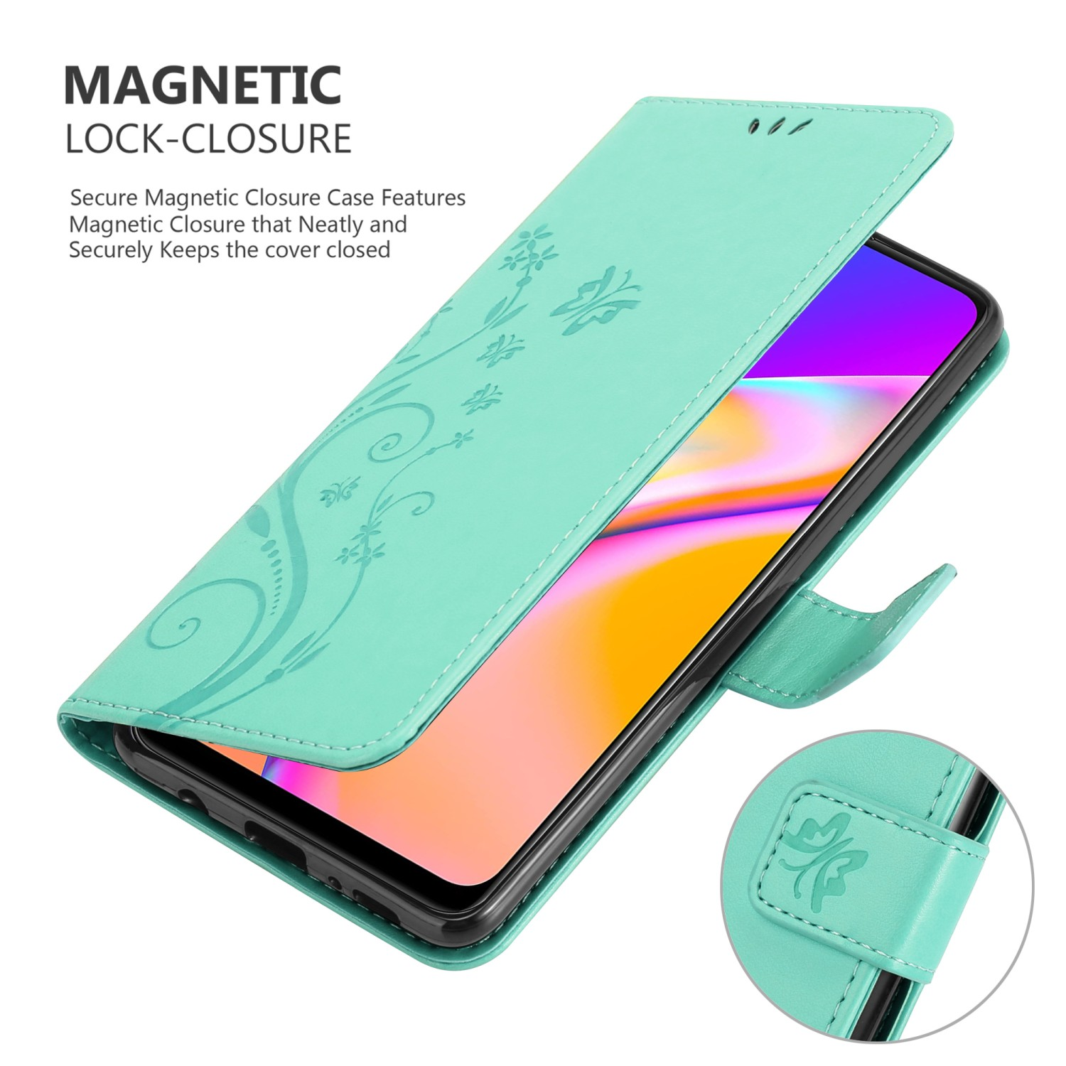 Una custodia per telefono è aperta, mostrando un telefono all'interno. La custodia è verde con un design floreale.