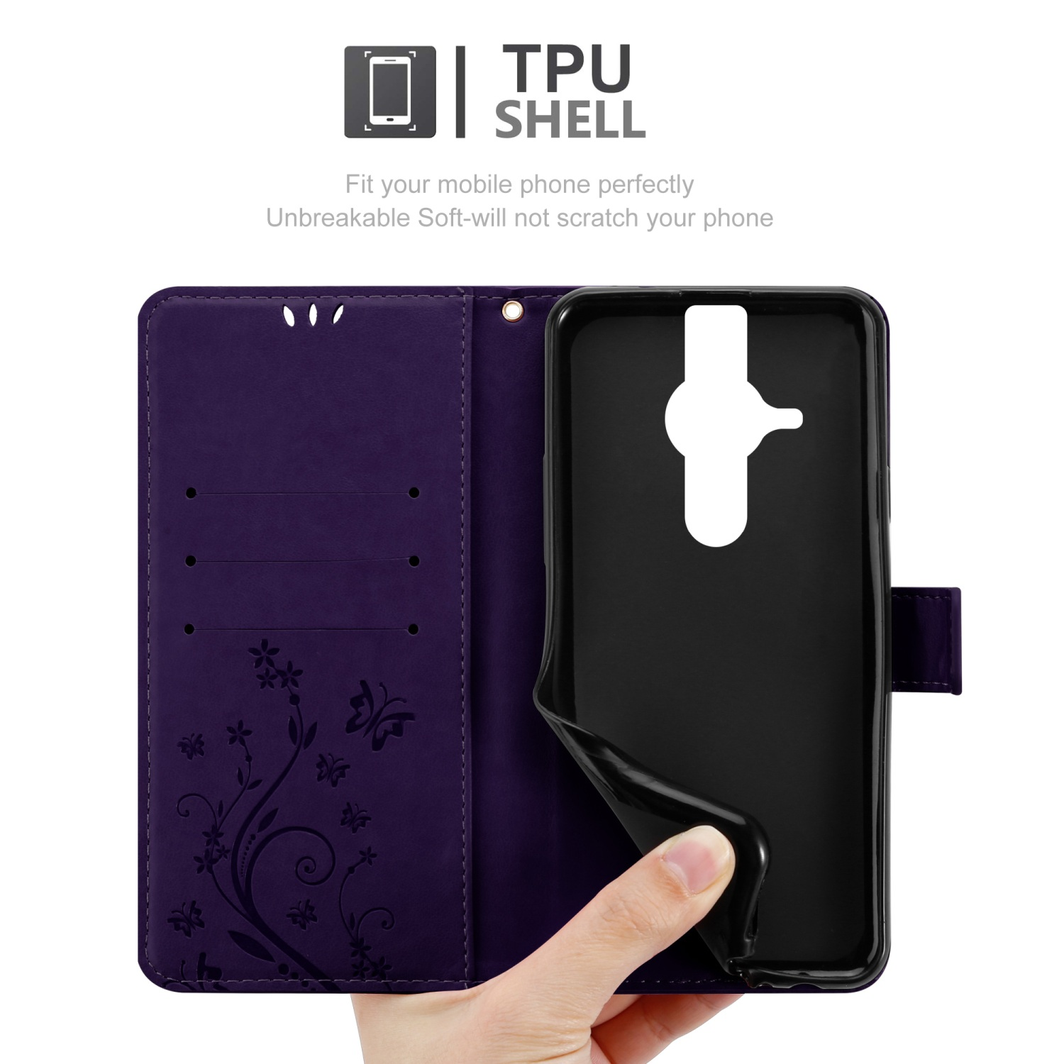 Custodia per telefono viola, aperta, con guscio in TPU. Mano che tiene e rimuove il telefono dal guscio.