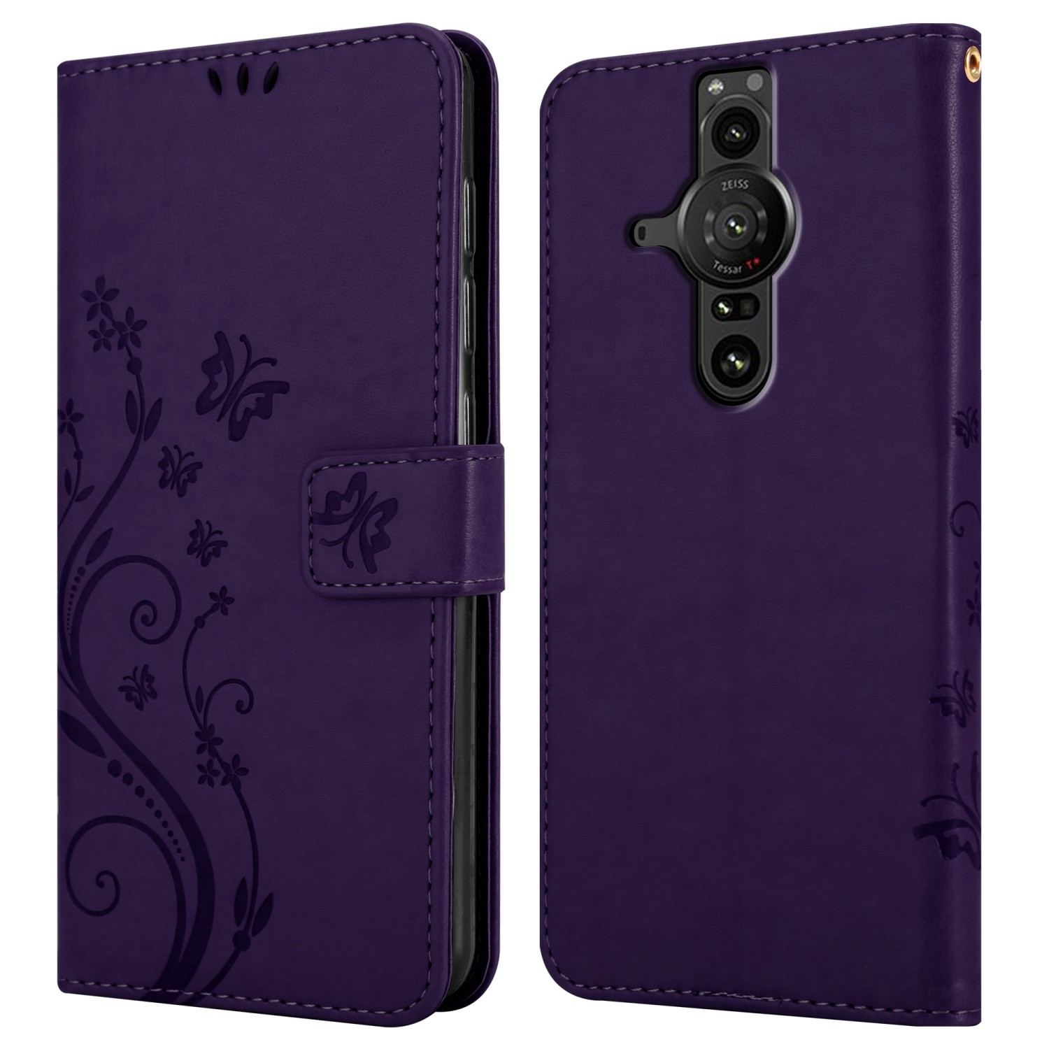 Custodia per telefono viola con un design floreale. La custodia è aperta e mostra il retro di un telefono.