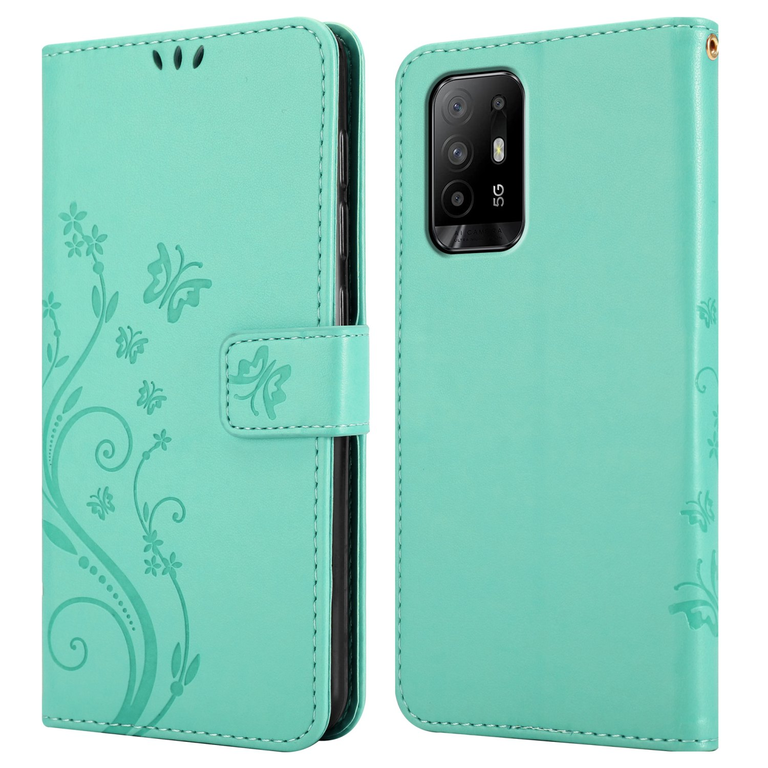 Custodia per telefono color teal, con design floreale e farfalle, viste aperta e chiusa.