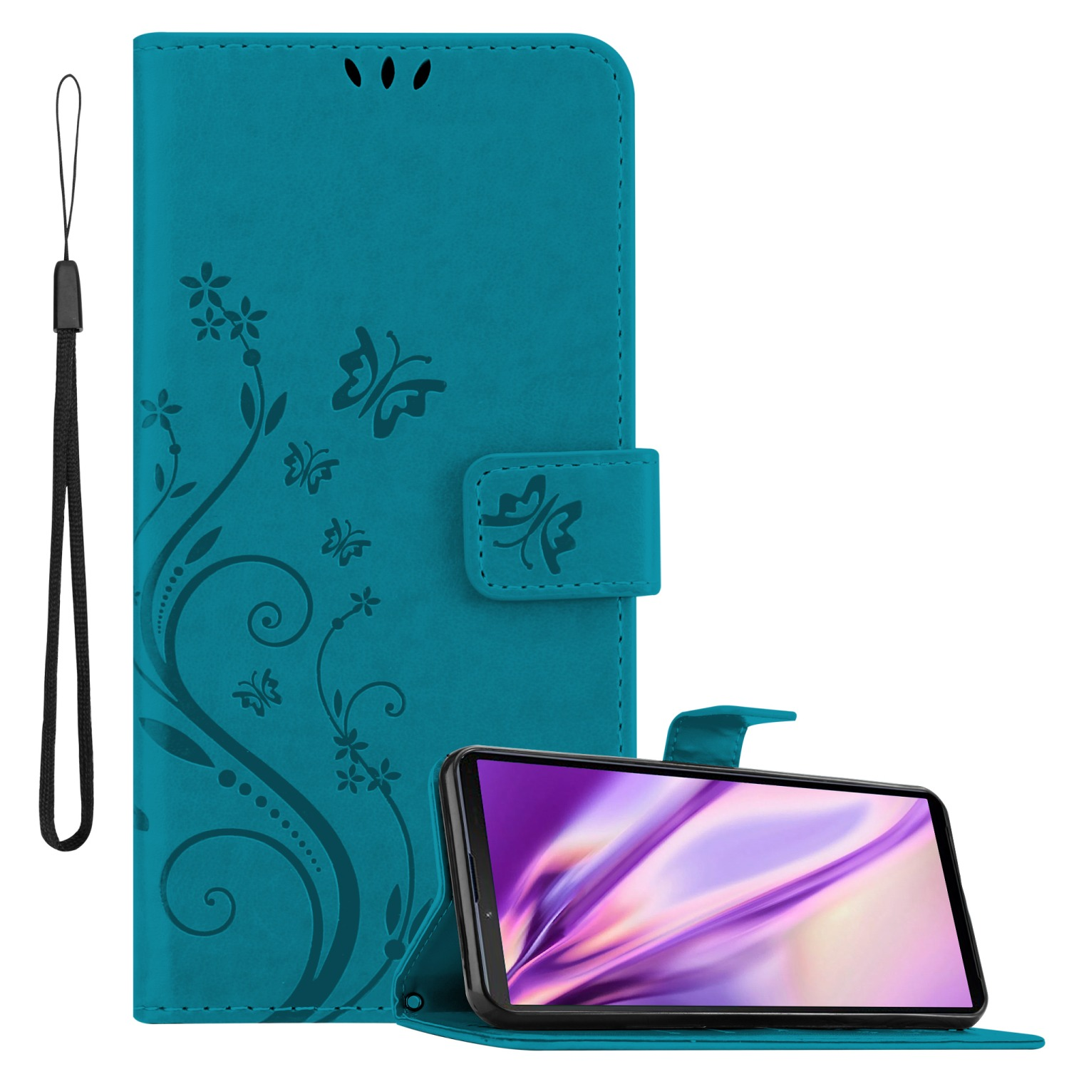 III, Hülle 10 BLAU Sony, Muster Blumen Bookcover, FLORAL Case, CADORABO Flower Xperia