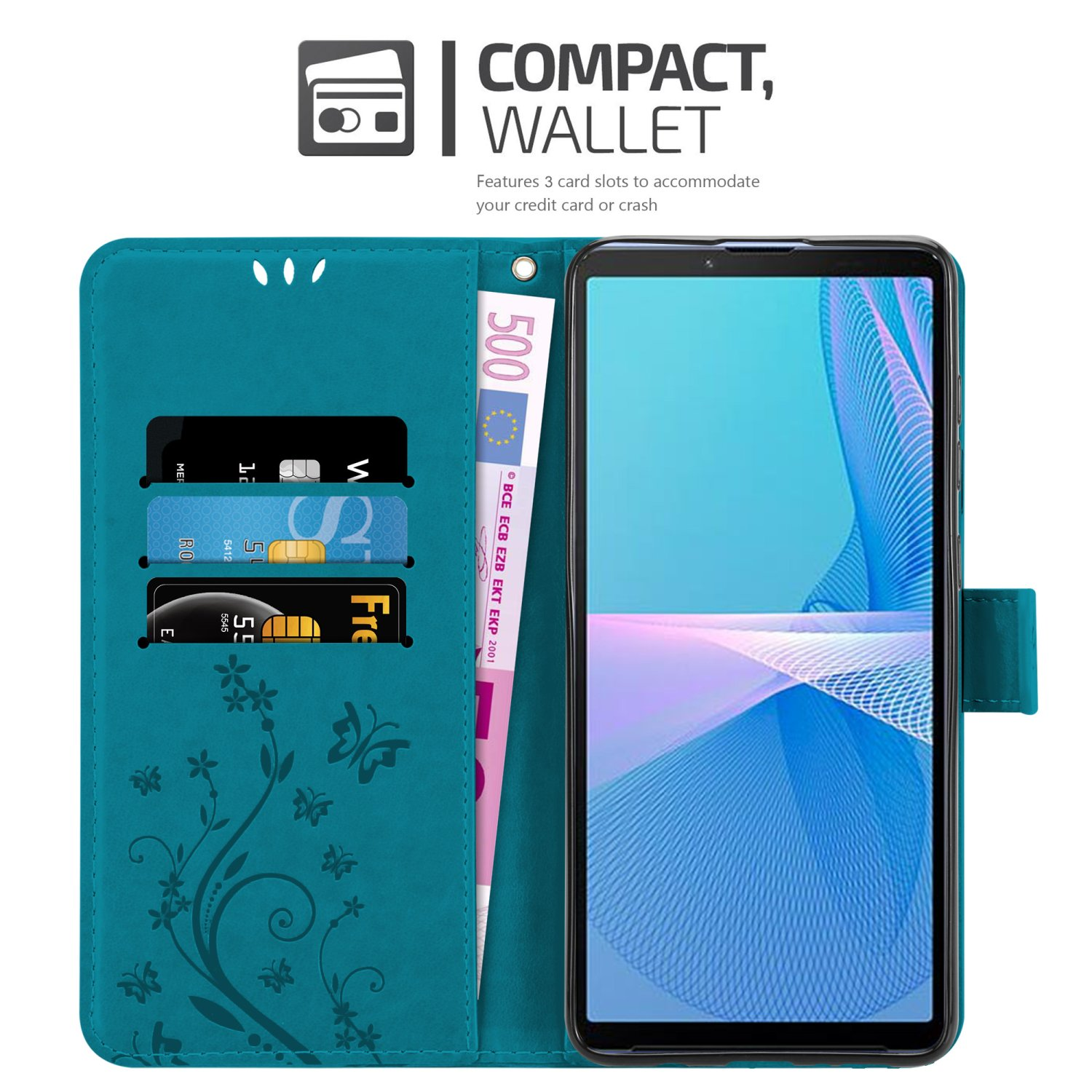 Custodia teal con design a portafoglio, aperta, con carte e denaro all'interno. Testo in alto.