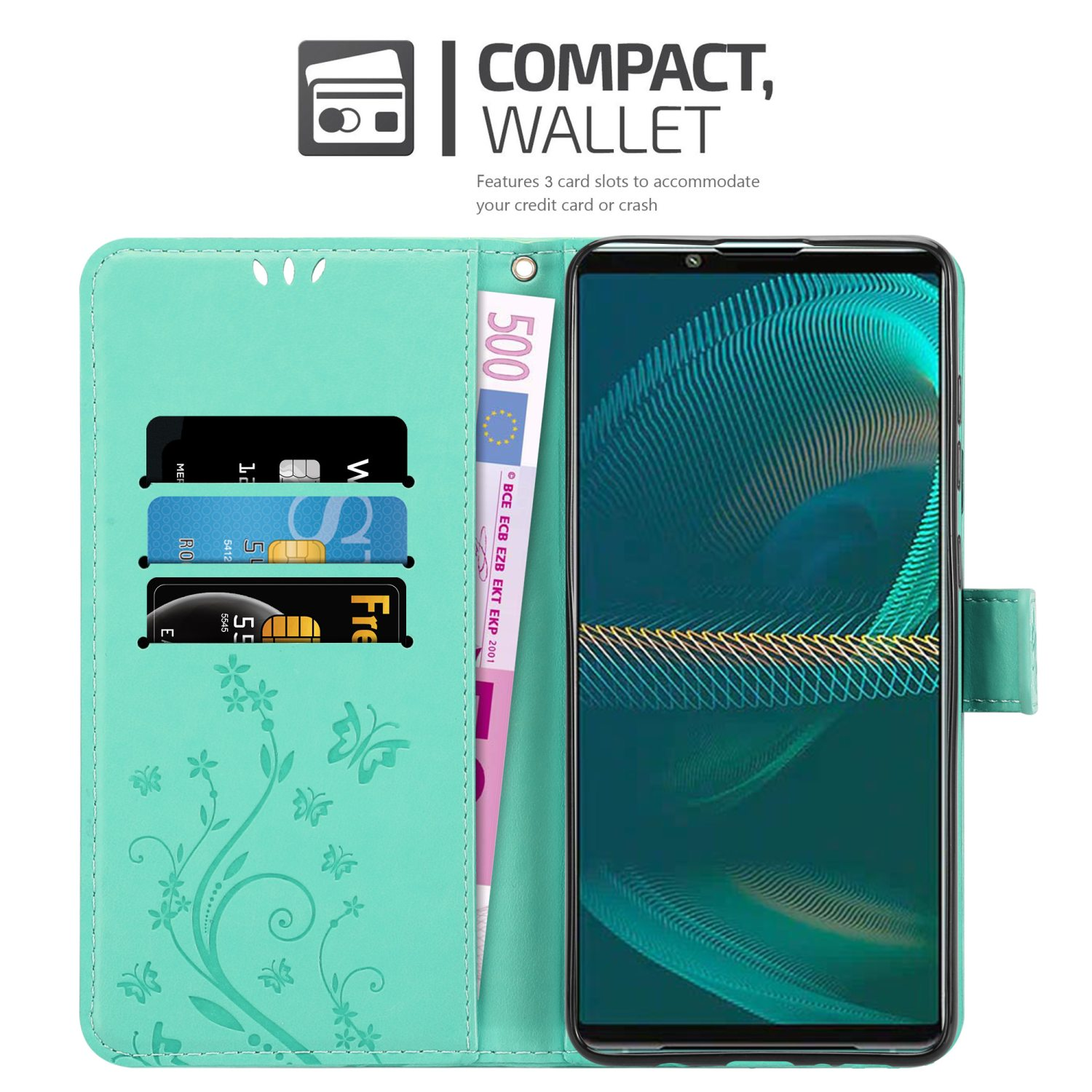 Custodia a portafoglio verde menta aperta con carte, denaro e telefono che mostra un display.