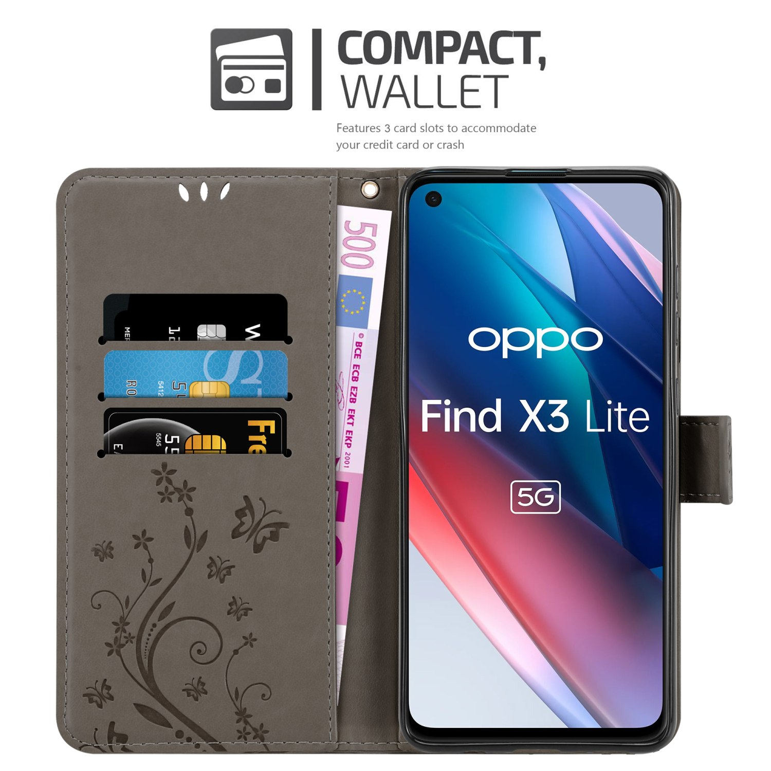 Custodia per telefono grigia aperta con design floreale, scomparti per carte e un telefono OPPO Find X3 Lite.