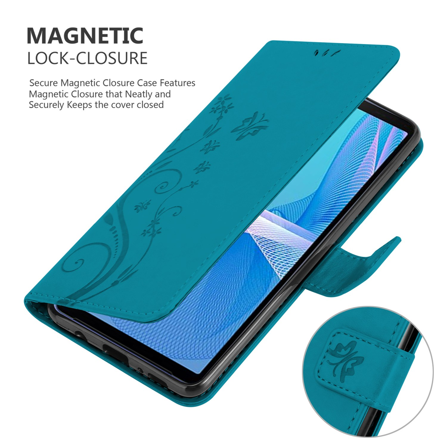 Custodia per telefono turchese, aperta per rivelare un telefono. Design floreale e chiusura magnetica.