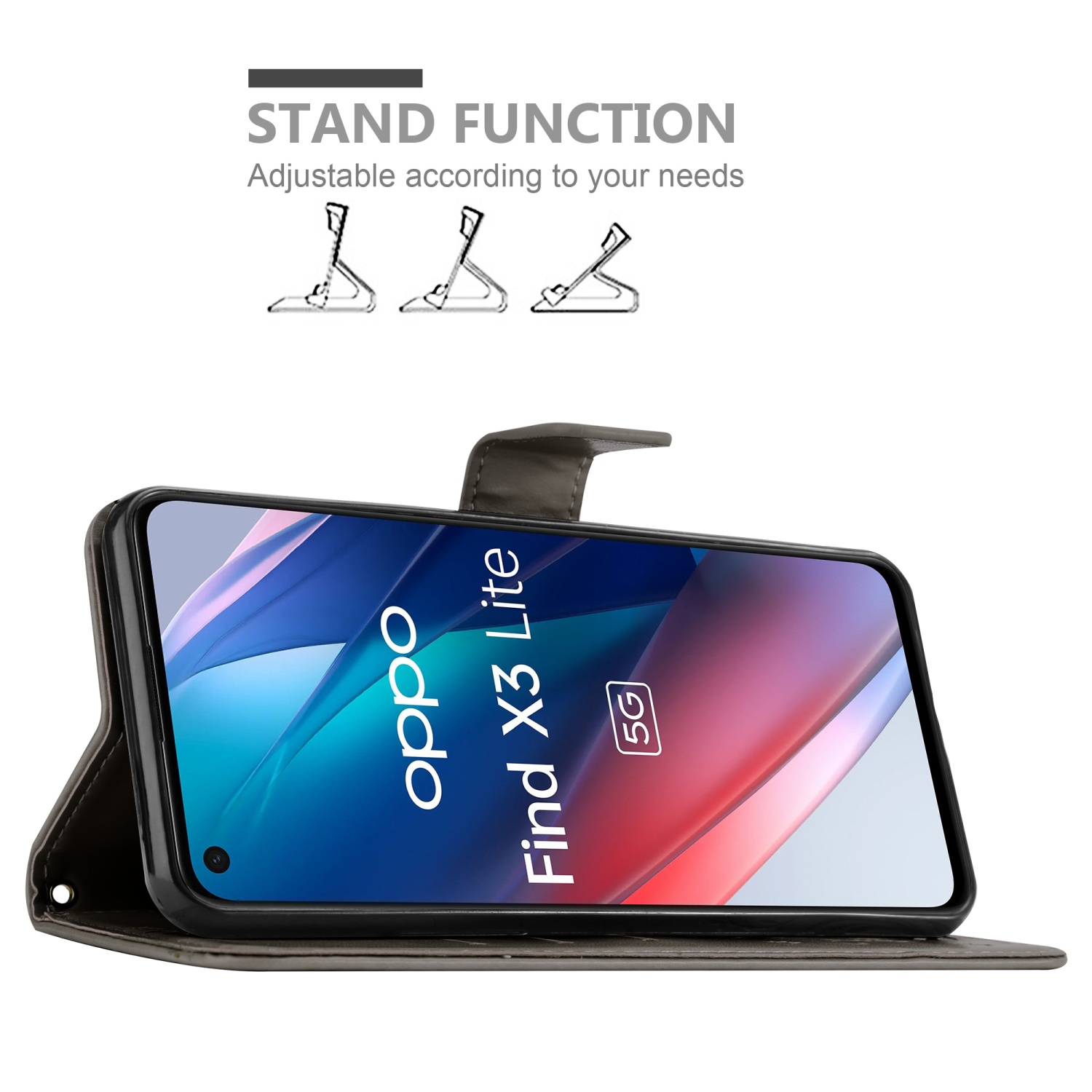 Un telefono in una custodia è appoggiato. Lo schermo del telefono mostra il logo Oppo e Find X3 Lite.