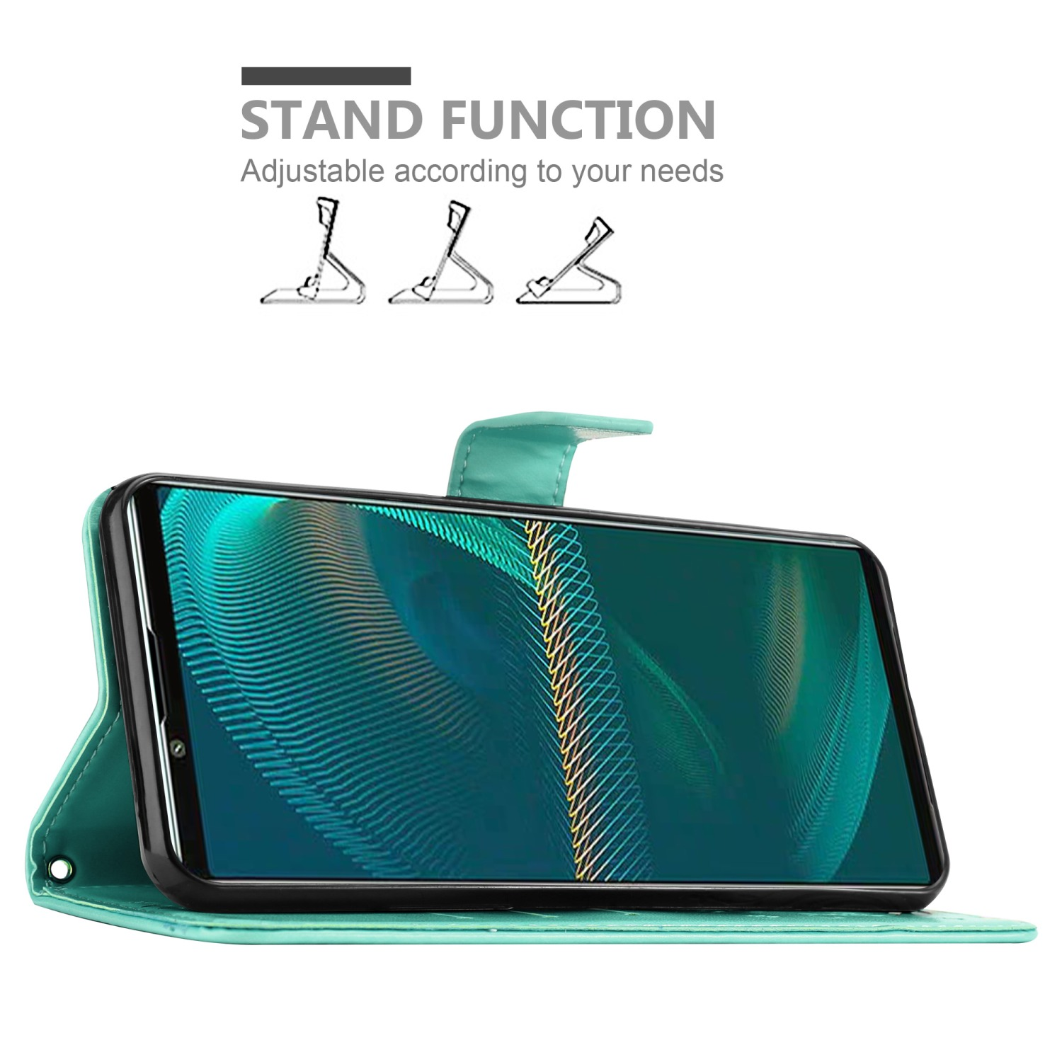 Custodia del telefono verde acqua con un telefono all'interno, in posizione aperta. Viene mostrata la funzione stand.