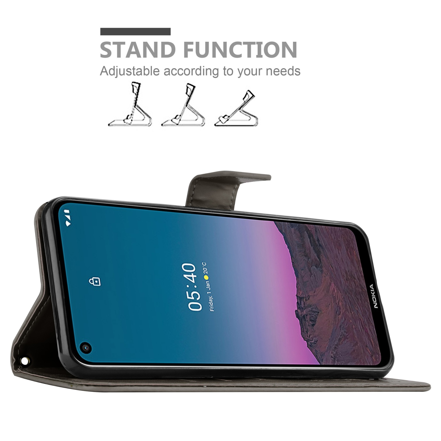 Telefono in custodia grigia, in posizione stand. Testo: FUNZIONE STAND. Il telefono mostra le 05:40.