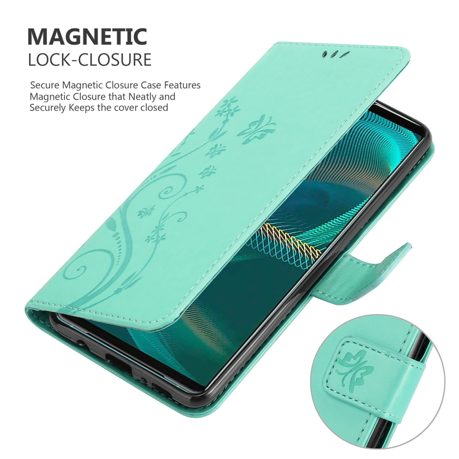Un portafoglio per telefono verde menta è aperto, con un telefono all'interno. Ha un design floreale.
