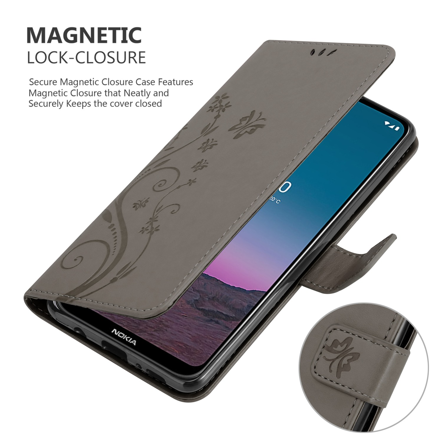Custodia per telefono grigia con design floreale, aperta. È visibile una chiusura magnetica. Viene mostrato lo schermo del telefono.