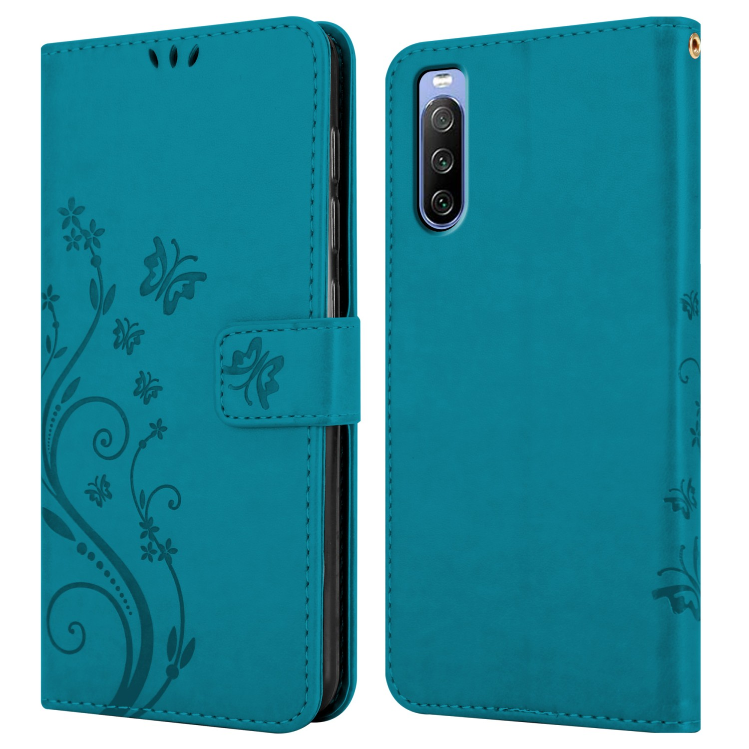 Una custodia per telefono verde acqua con un design floreale, aperta, che mostra il telefono. Il design è sul retro.
