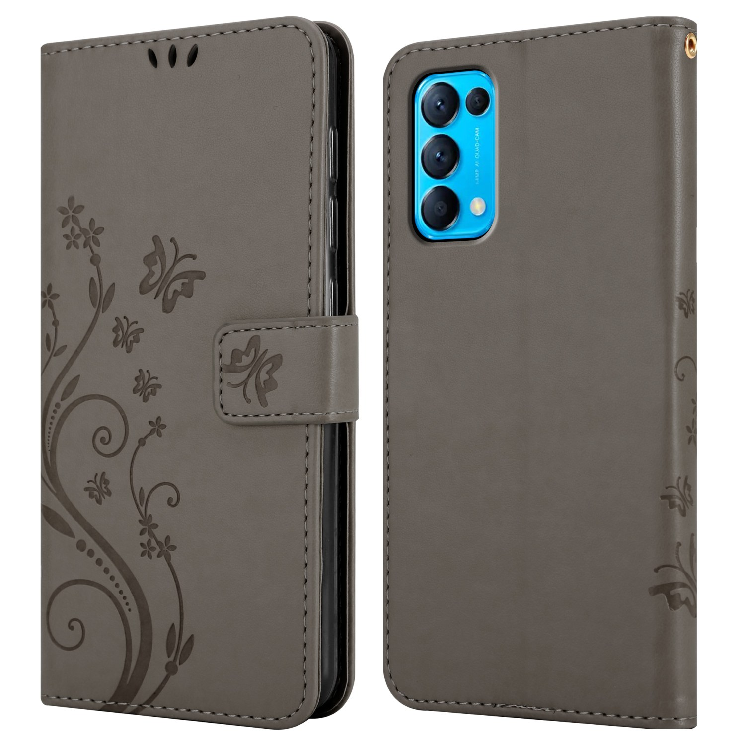 Custodia grigia con design a farfalla, in rilievo. Dispone di chiusura magnetica e fotocamere del telefono.