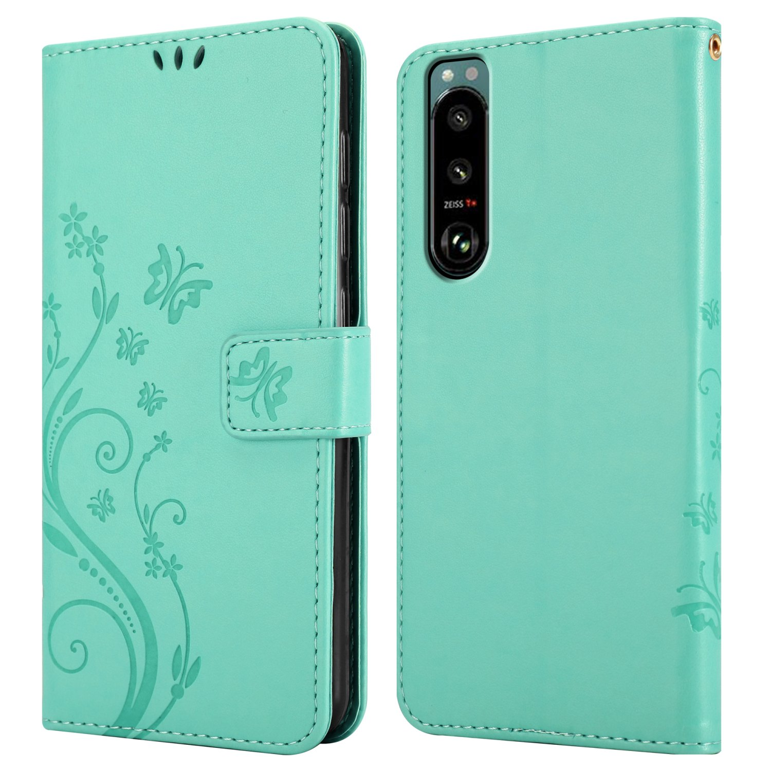Custodia verde menta, aperta e chiusa, con design floreale.