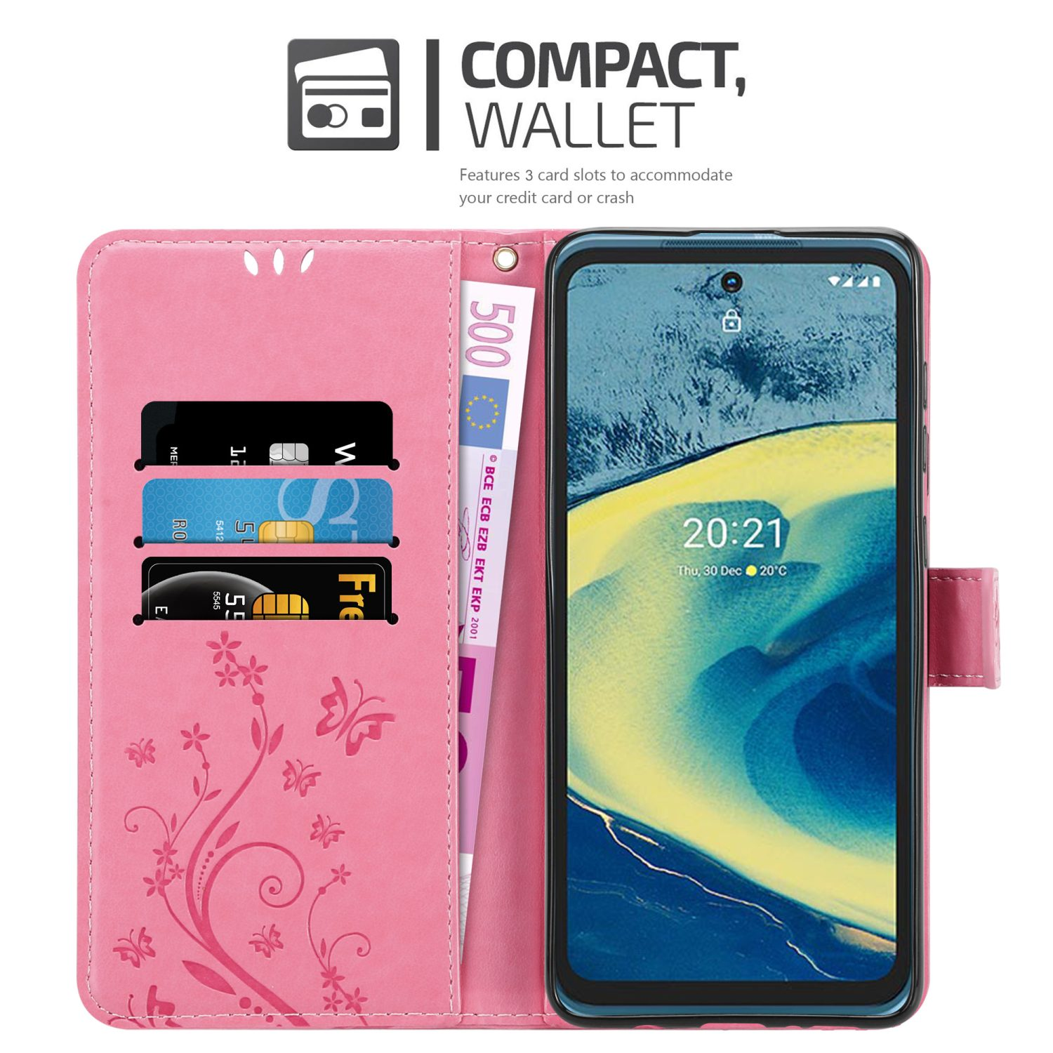 Custodia a portafoglio rosa per telefono con carte, denaro e telefono. Design floreale all'interno, telefono che mostra ora e data.