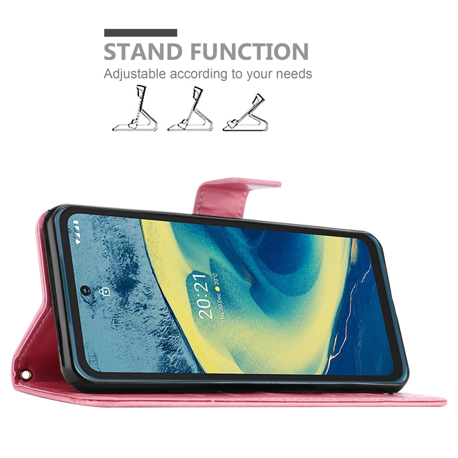 Una custodia rosa per telefono con un telefono all'interno, aperta, che mostra la funzione stand. Sono raffigurate tre opzioni di supporto.