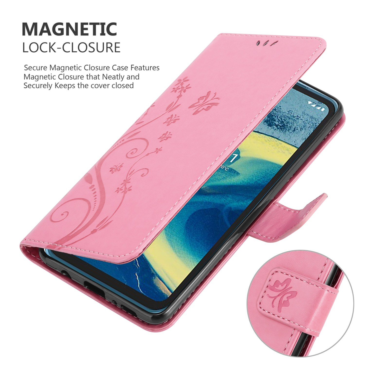Custodia per telefono rosa aperta. Lo schermo è visibile. Sfondo rosa.