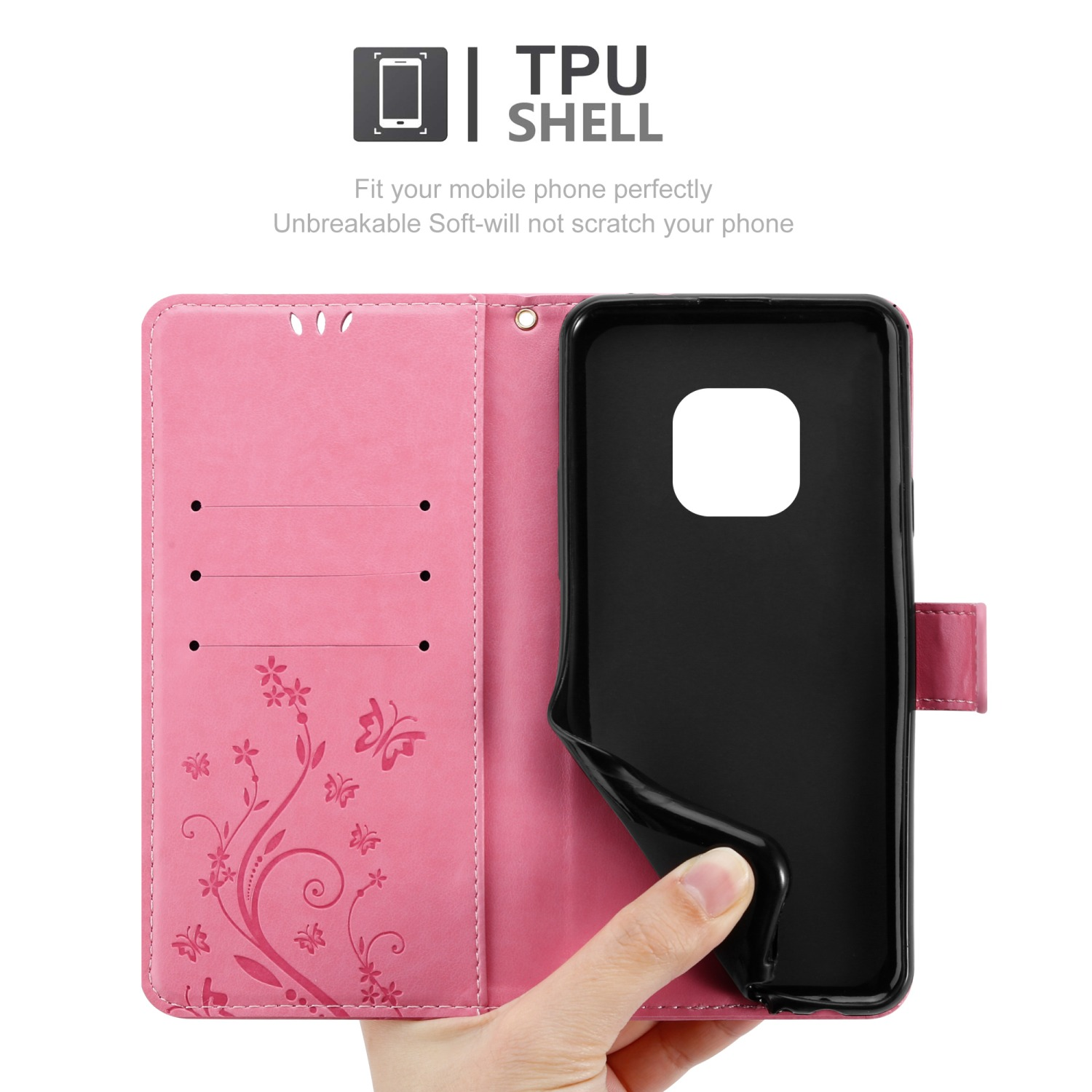Custodia per telefono rosa, aperta. Mostra il telefono e le tasche interne. Mano che tiene la custodia.