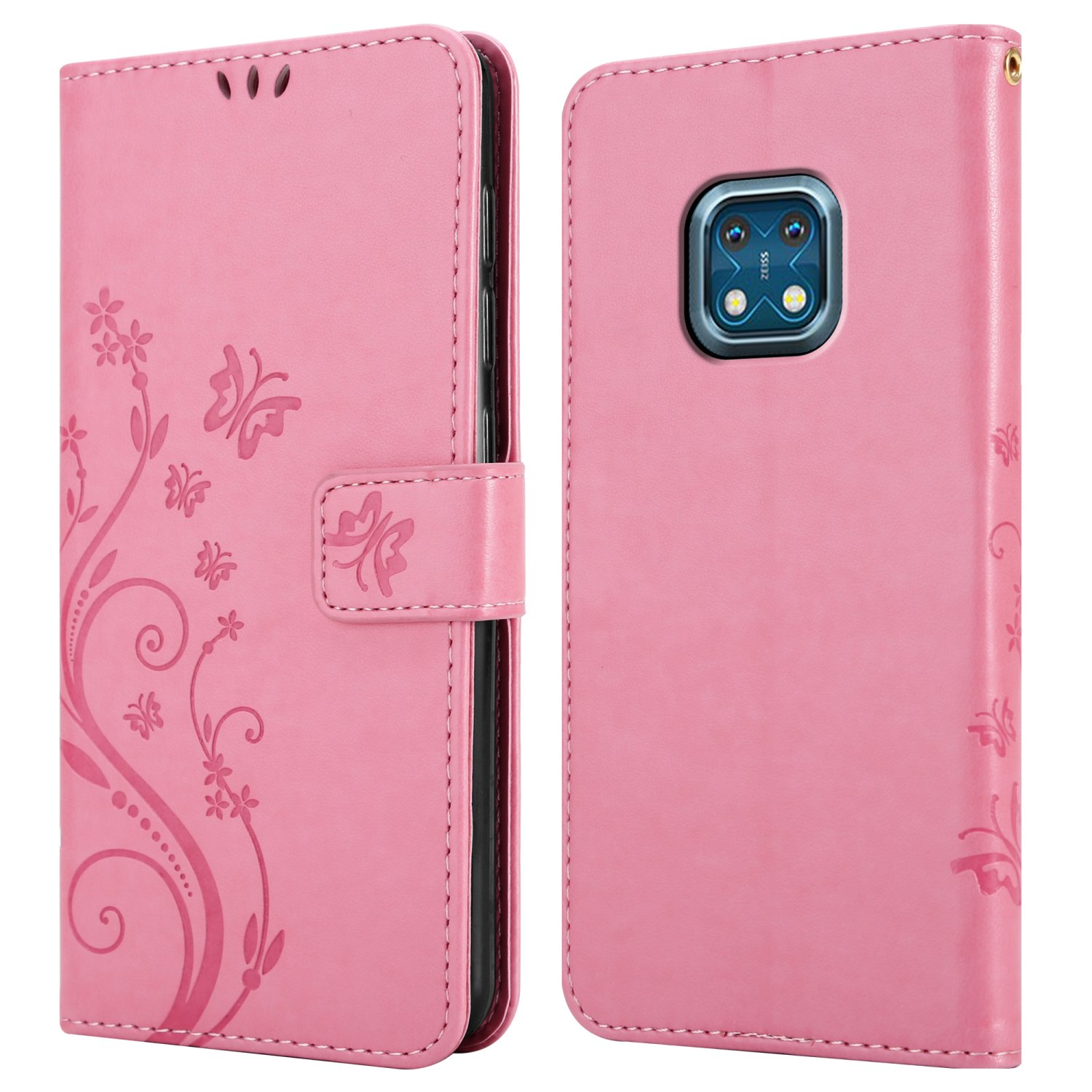 Custodia per telefono rosa, aperta, con telefono all'interno. Motivo floreale, custodia chiusa.