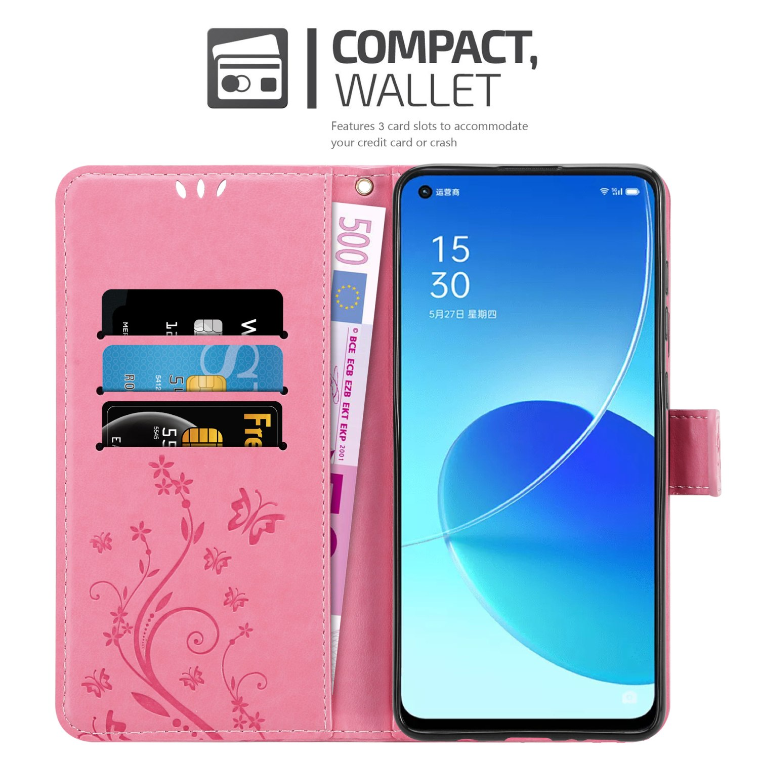 Custodia rosa per telefono, aperta, con design floreale, carte di credito e telefono.