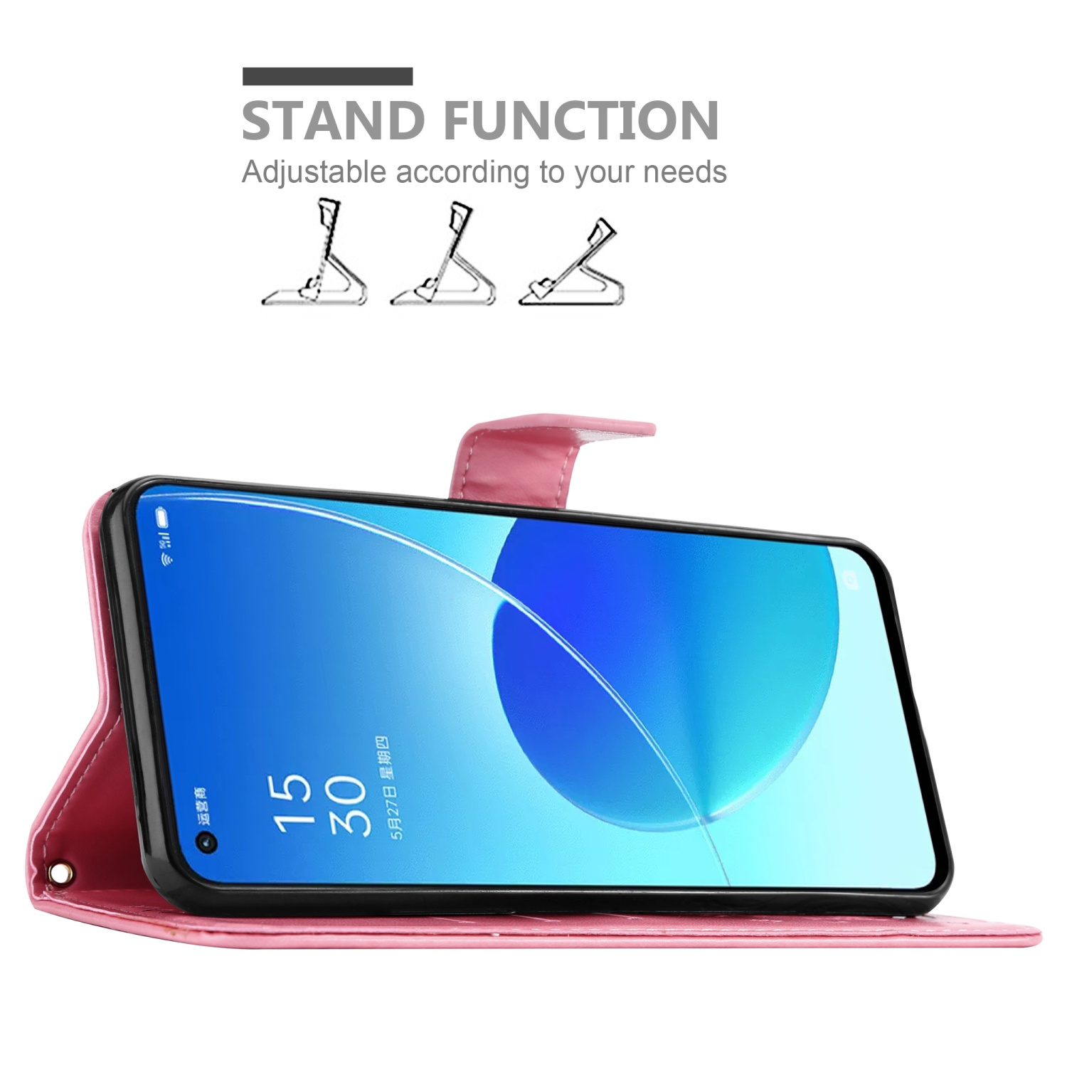 Custodia per telefono rosa con telefono all'interno in posizione di supporto. Schermo del telefono acceso, mostra data e ora.