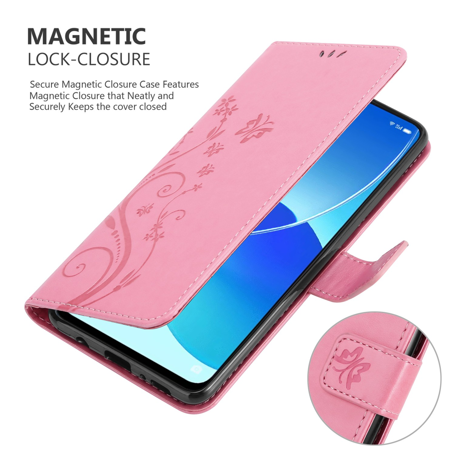 Custodia per telefono rosa con design floreale, aperta. Lo schermo del telefono è visibile.
