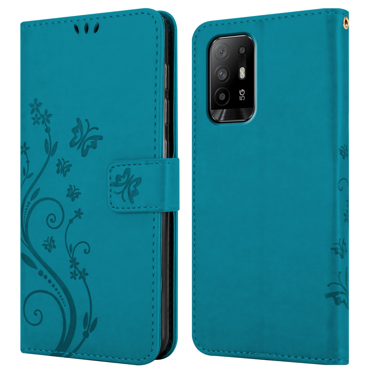 Custodia verde acqua, che mostra il retro e il fronte, con un design floreale.
