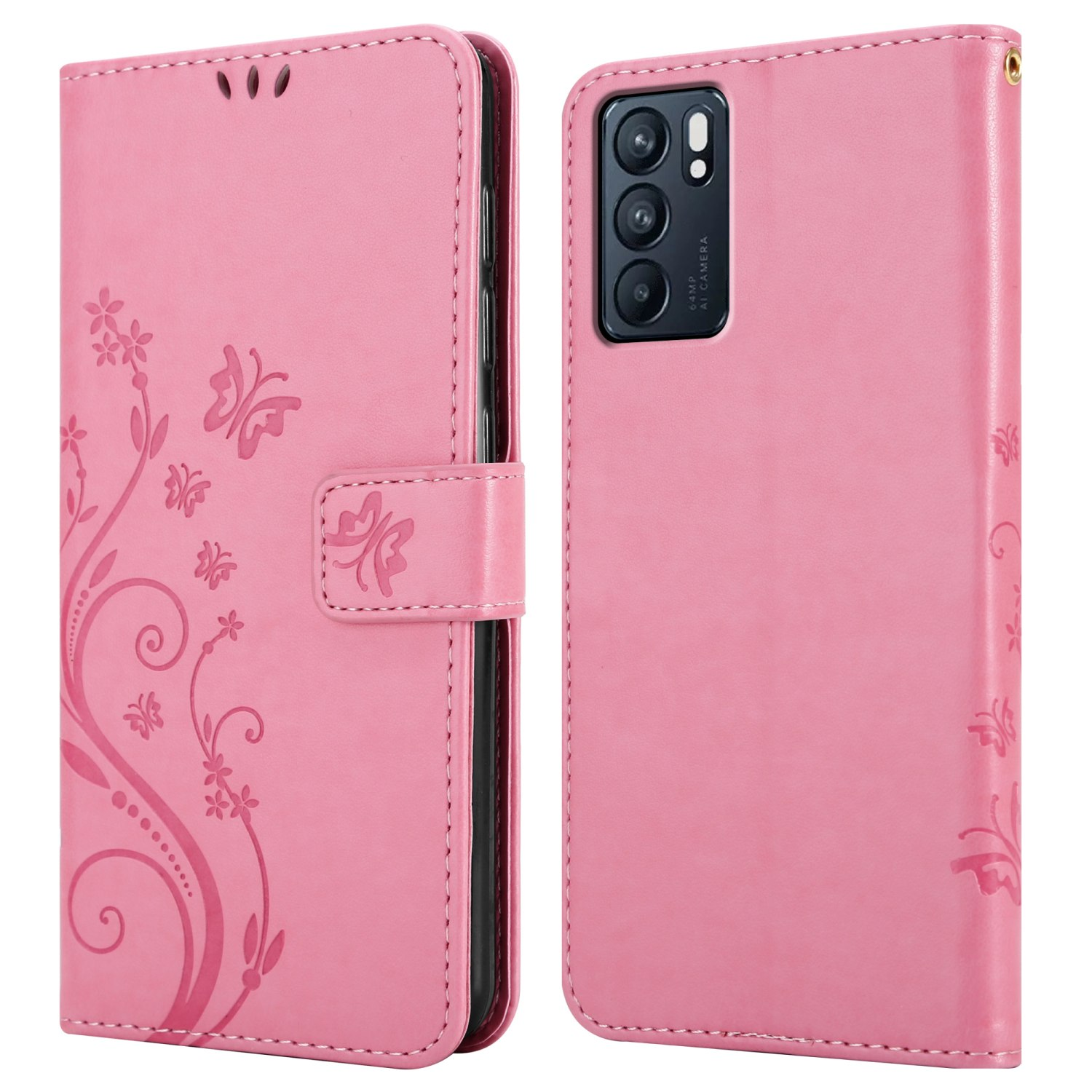 Flower Muster 5G, CADORABO Case, Blumen FLORAL Hülle Oppo, ROSA Reno6 Bookcover,