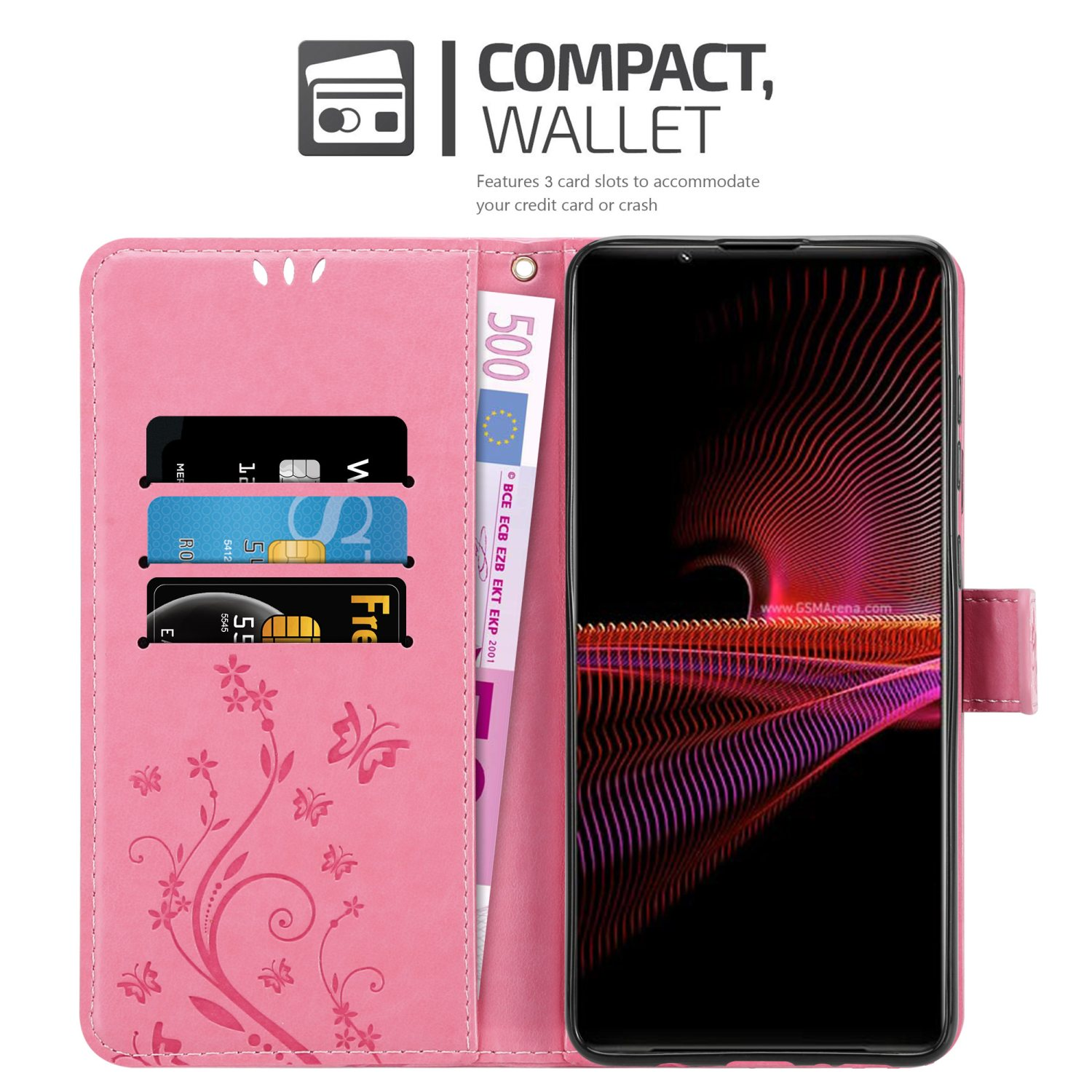 Custodia a portafoglio rosa con carte, una banconota da 500 euro e un telefono con schermo colorato.