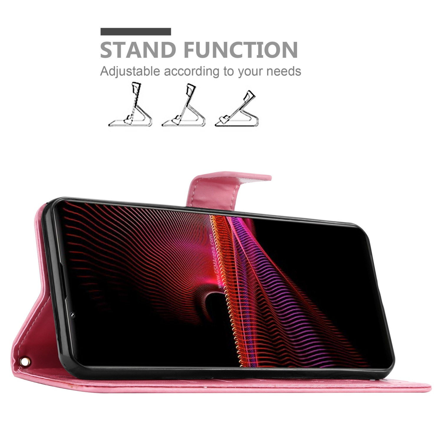 Custodia rosa aperta. Il telefono è nella custodia. La custodia può essere usata come supporto.
