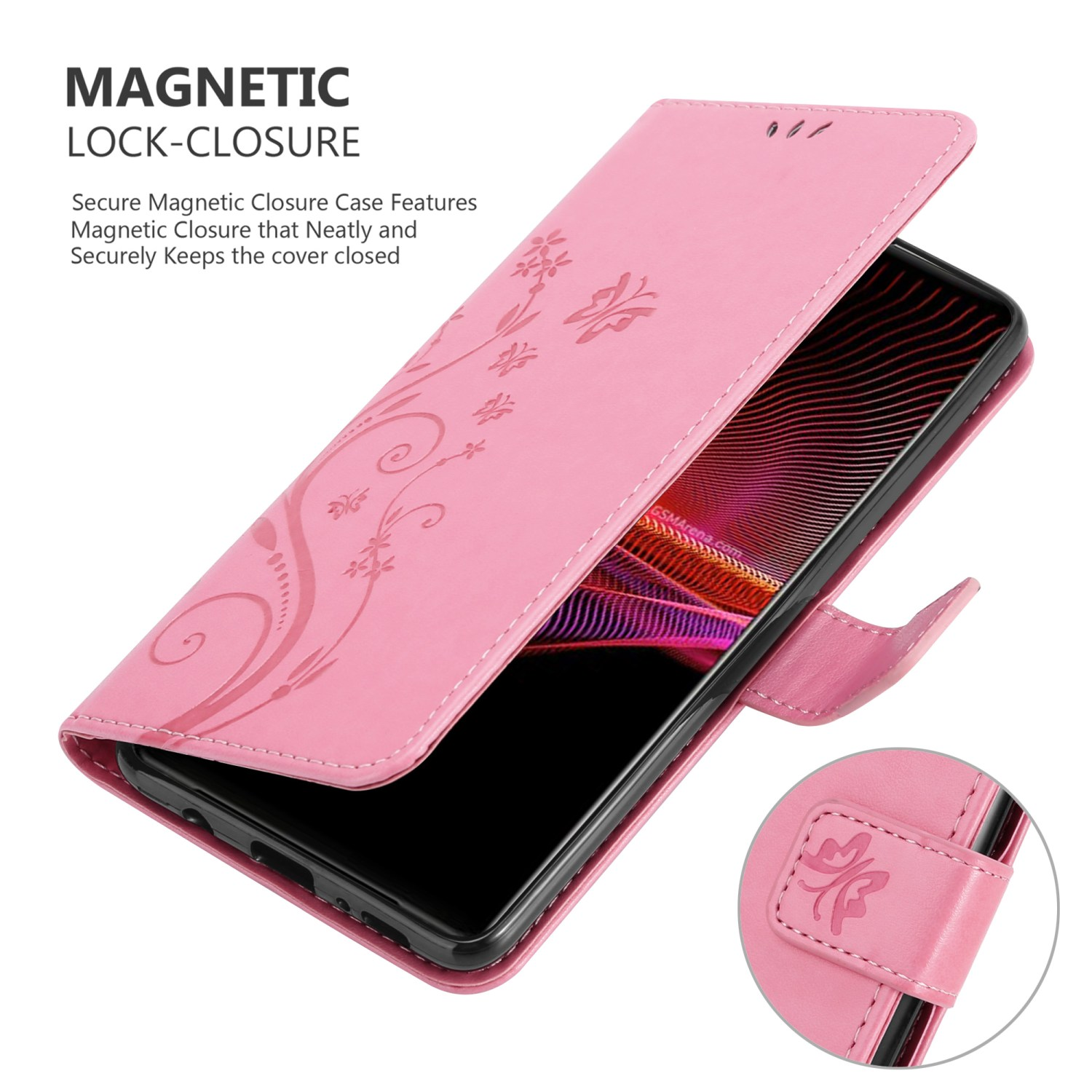 Custodia rosa aperta con design floreale. Telefono dentro. Chiusura magnetica.