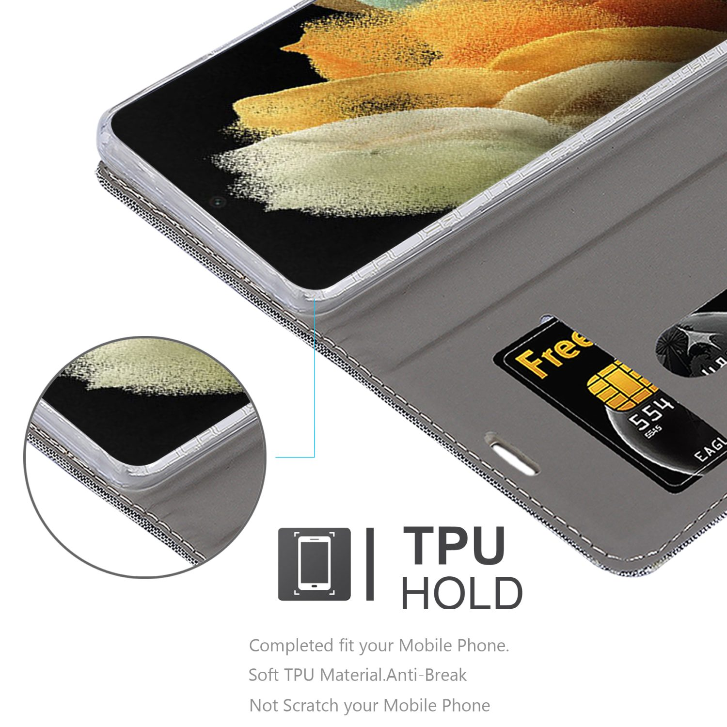 Un telefono in una custodia grigia. Una carta di credito è visibile. Testo: TPU HOLD.
