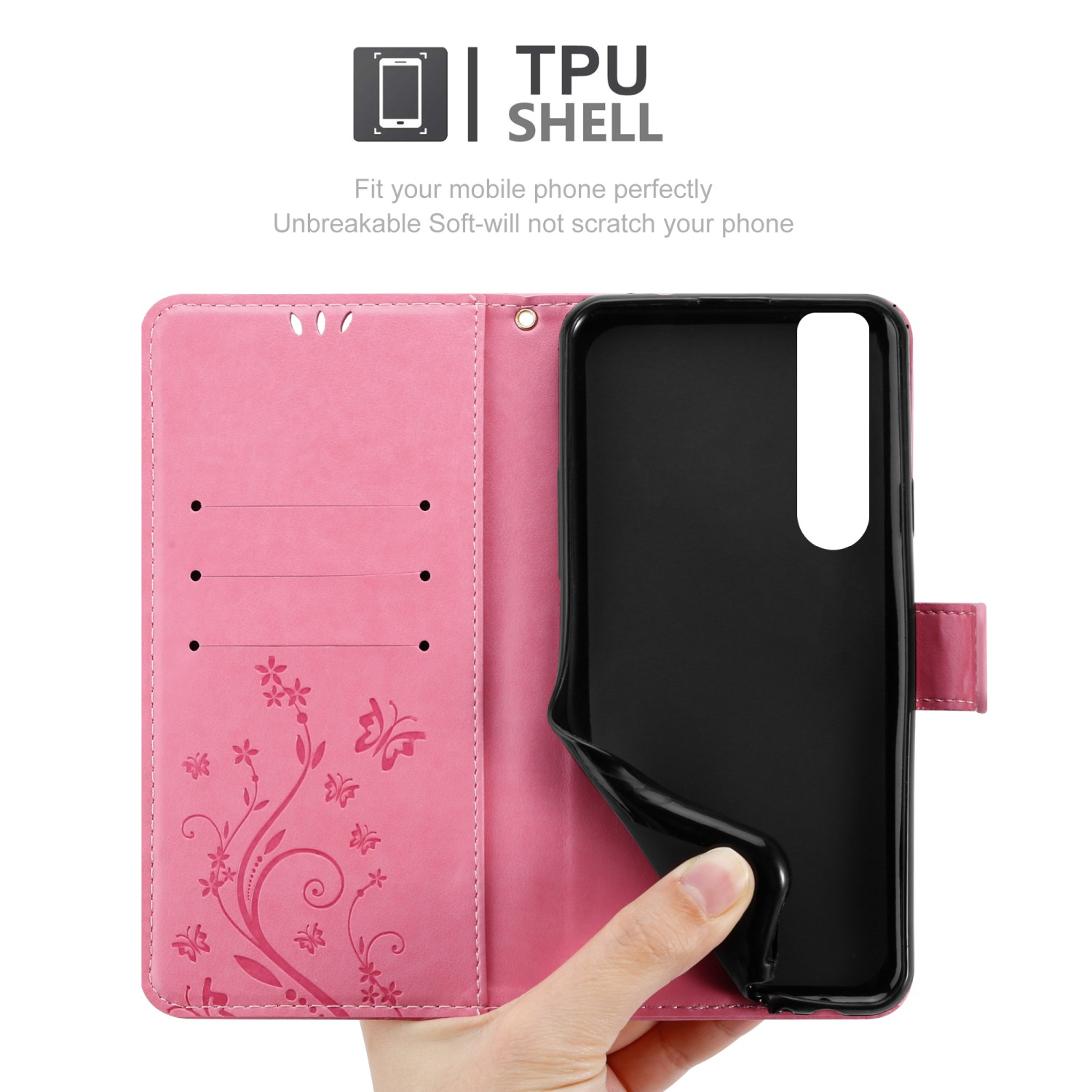 Custodia per telefono rosa, aperta, con fessure per carte e supporto nero, mano che tiene.