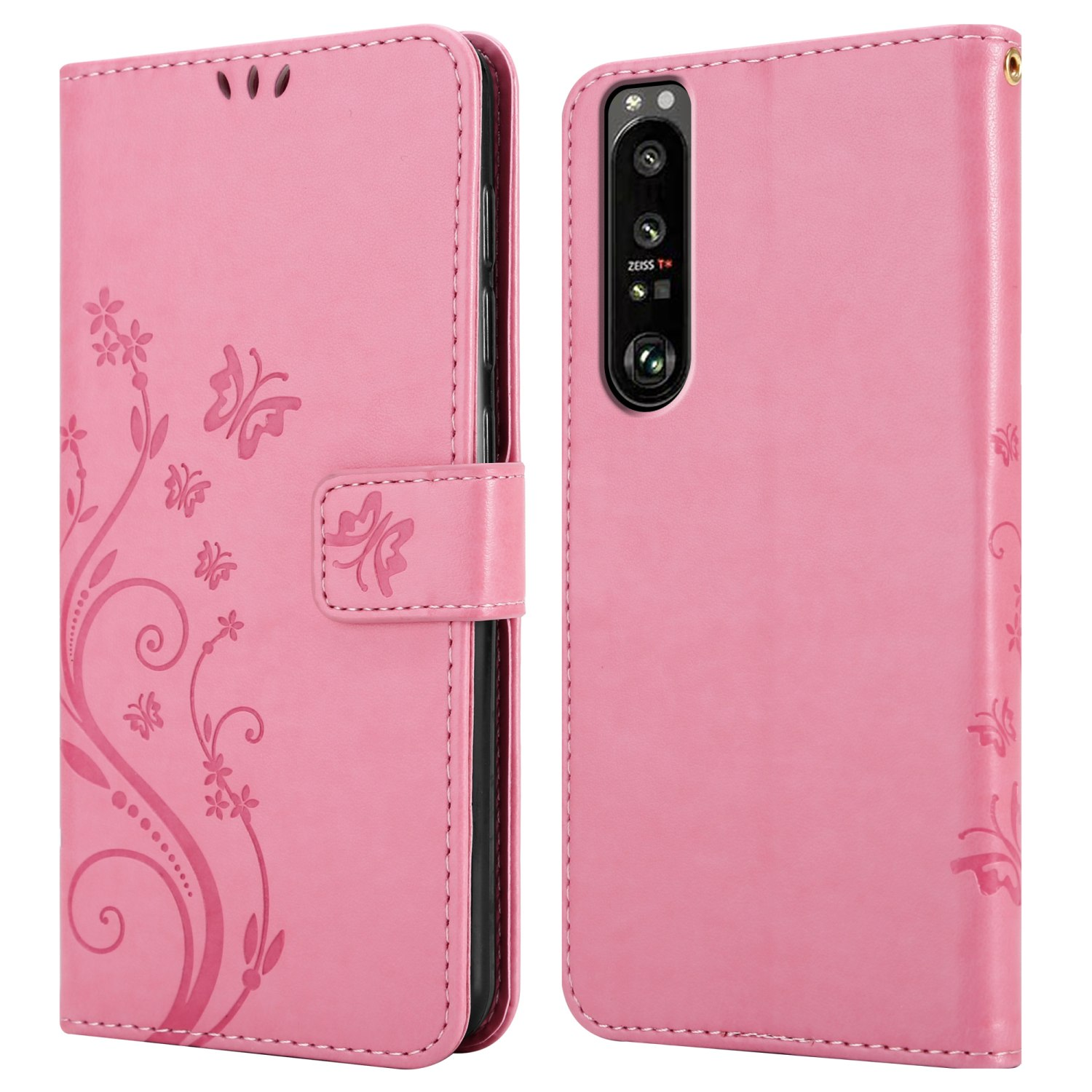 Custodia rosa con design floreale, aperta. Mostra le fotocamere del telefono.