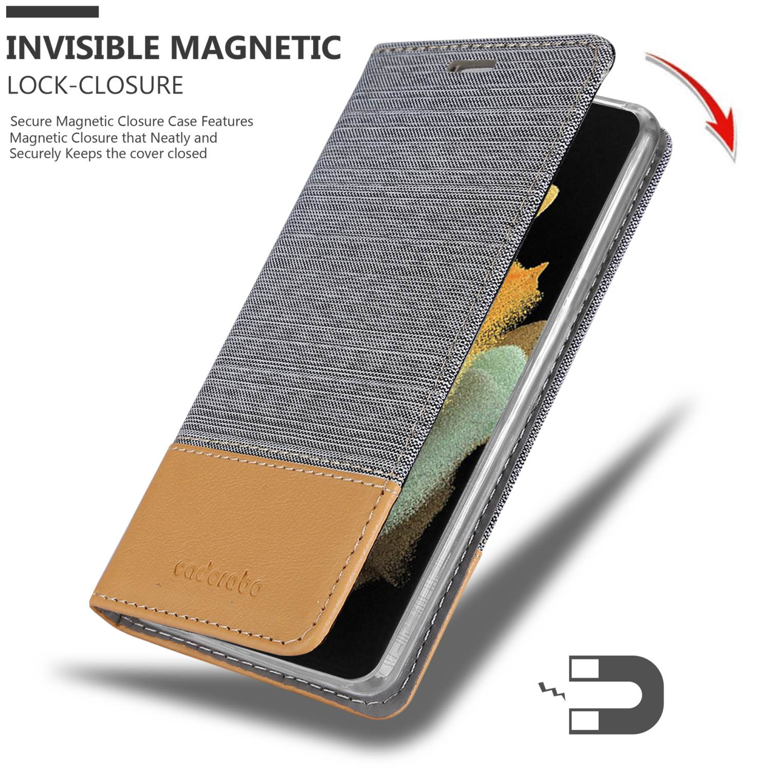 Custodia per telefono con coperchio aperto, marrone e grigio. Chiusura magnetica, telefono visibile. Dettagli in alto a sinistra.