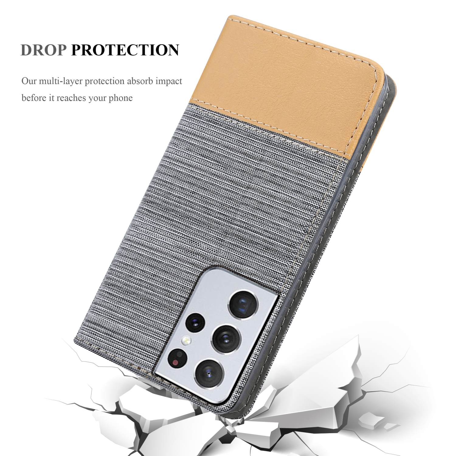 Custodia per telefono, beige e grigia, protezione anticaduta. Sfondo bianco con superficie rotta. Telefono Samsung.
