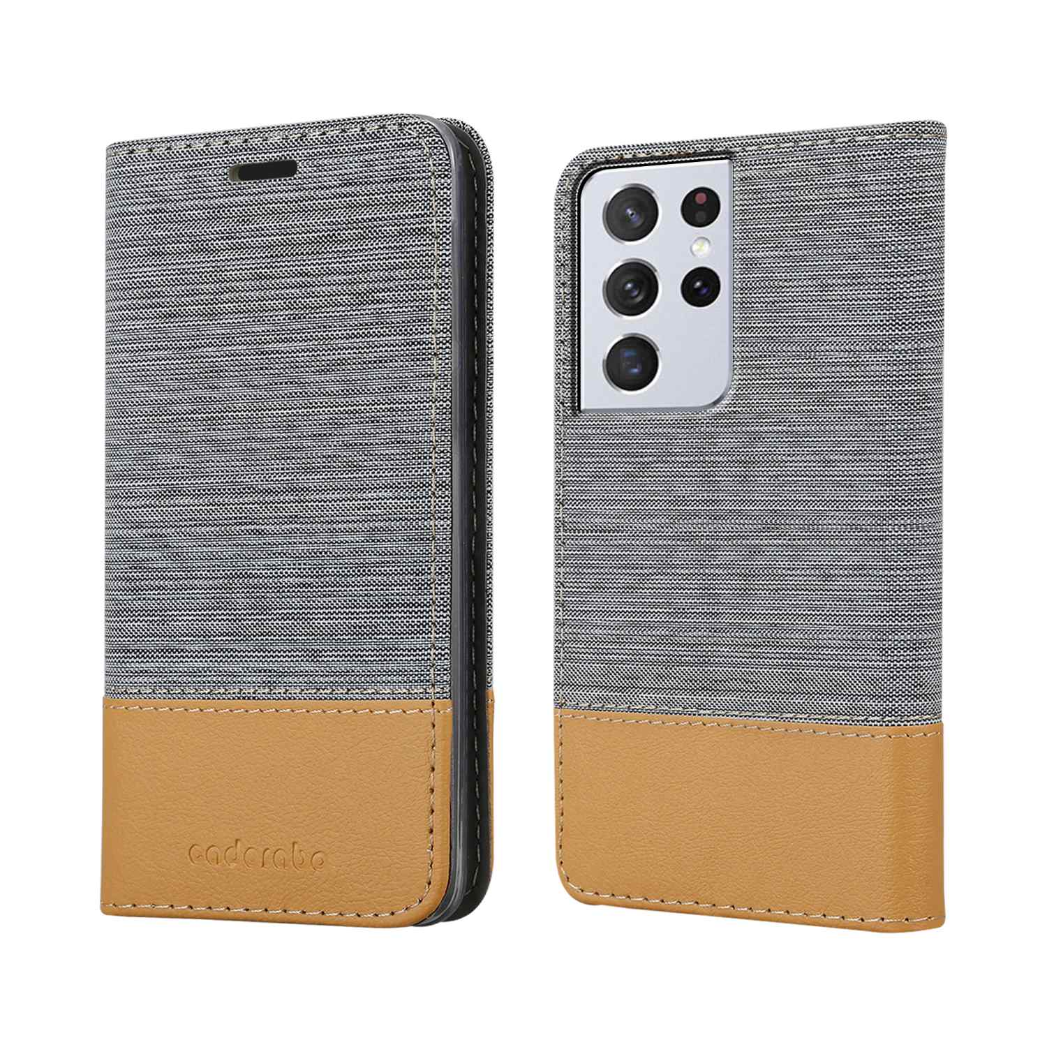 Custodia per telefono, tessuto grigio e pelle marrone, chiusa e aperta. Il marchio è sulla pelle.