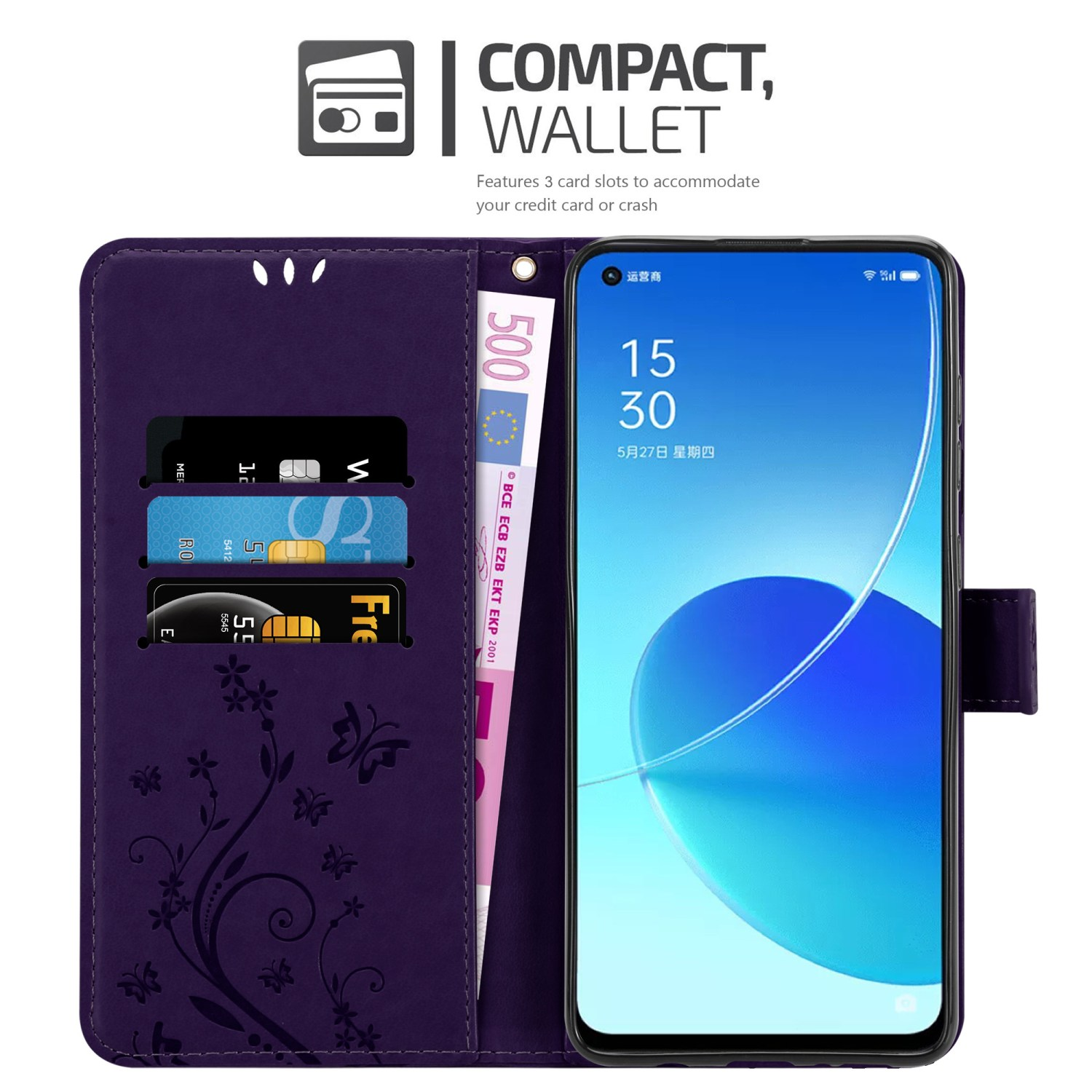 Un portafoglio per custodia del telefono viola aperto, con carte, una banconota da 500 euro e un telefono all'interno.