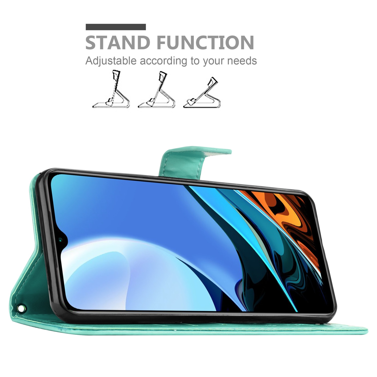 Una custodia per telefono verde acqua con un telefono all'interno. Il telefono mostra uno schermo colorato.
