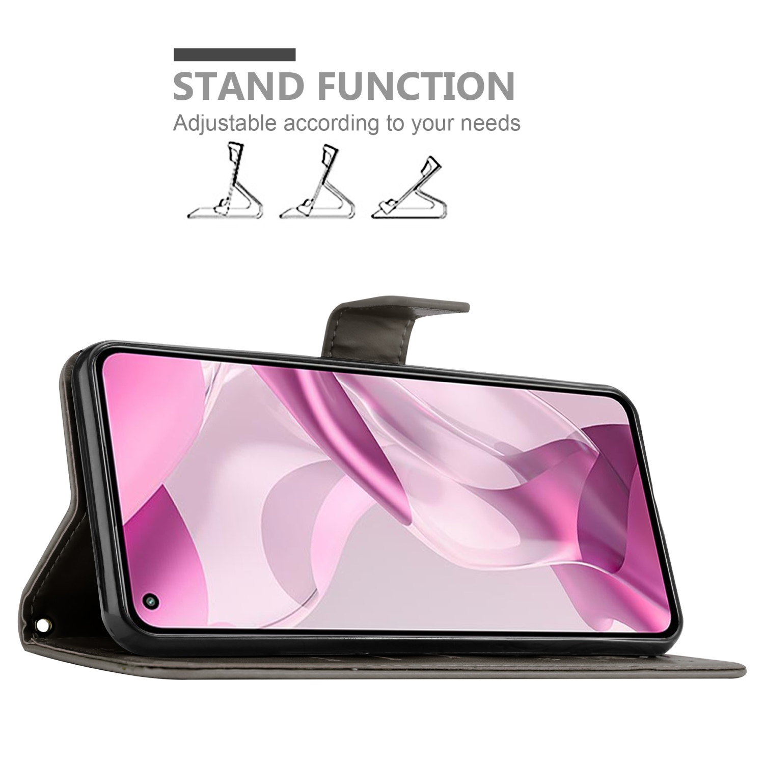 Custodia per telefono grigia con funzione stand, che mostra un telefono con schermo, su sfondo bianco.