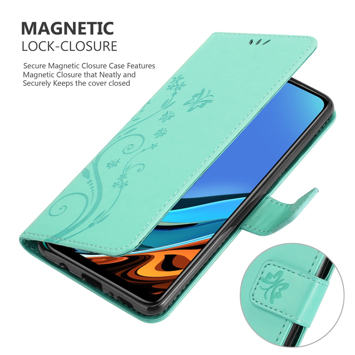 Custodia telefono turchese aperta, mostra telefono. Testo chiusura magnetica e motivi floreali.