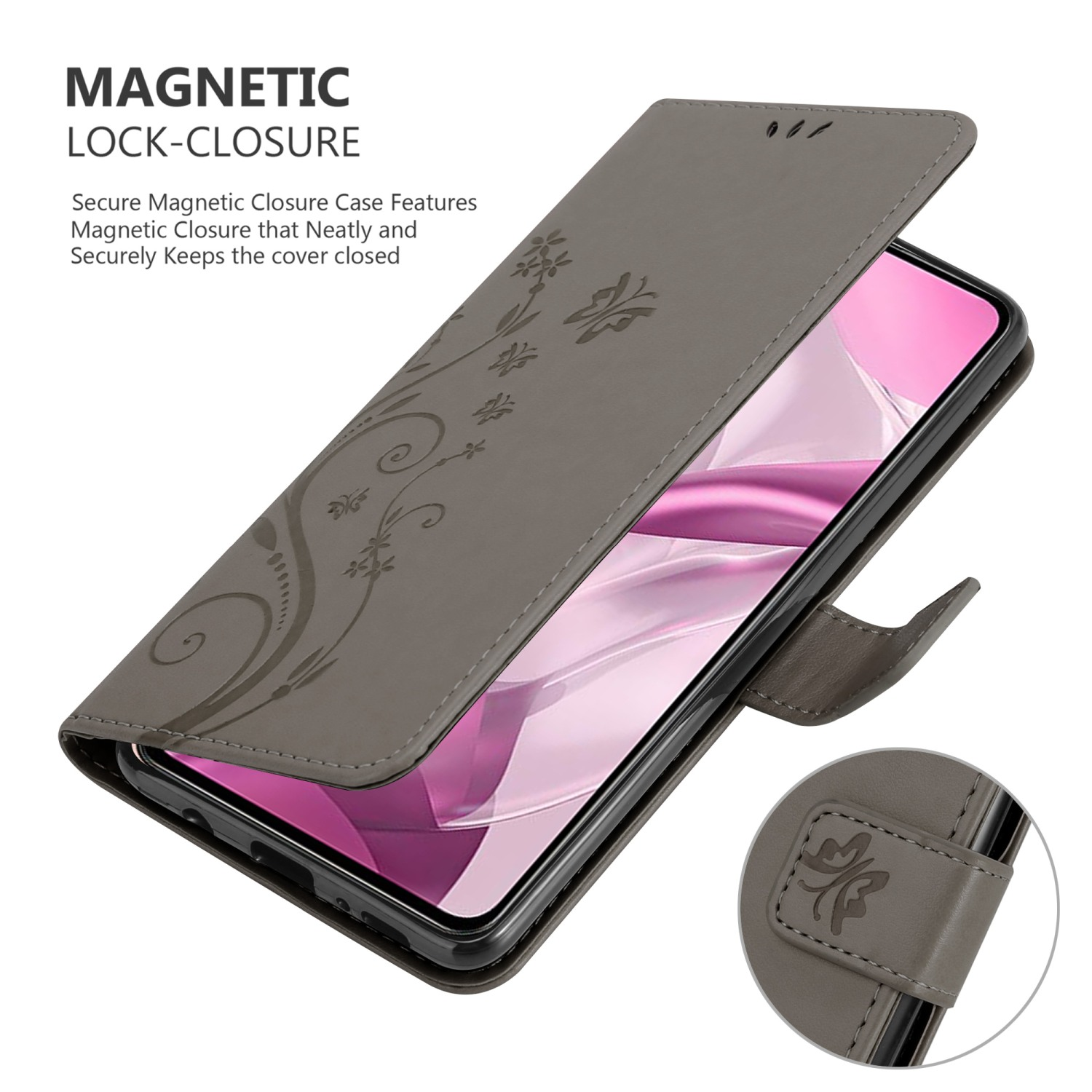 Custodia grigia per telefono con design floreale aperta per rivelare un telefono. Un piccolo dettaglio mostra una chiusura magnetica.
